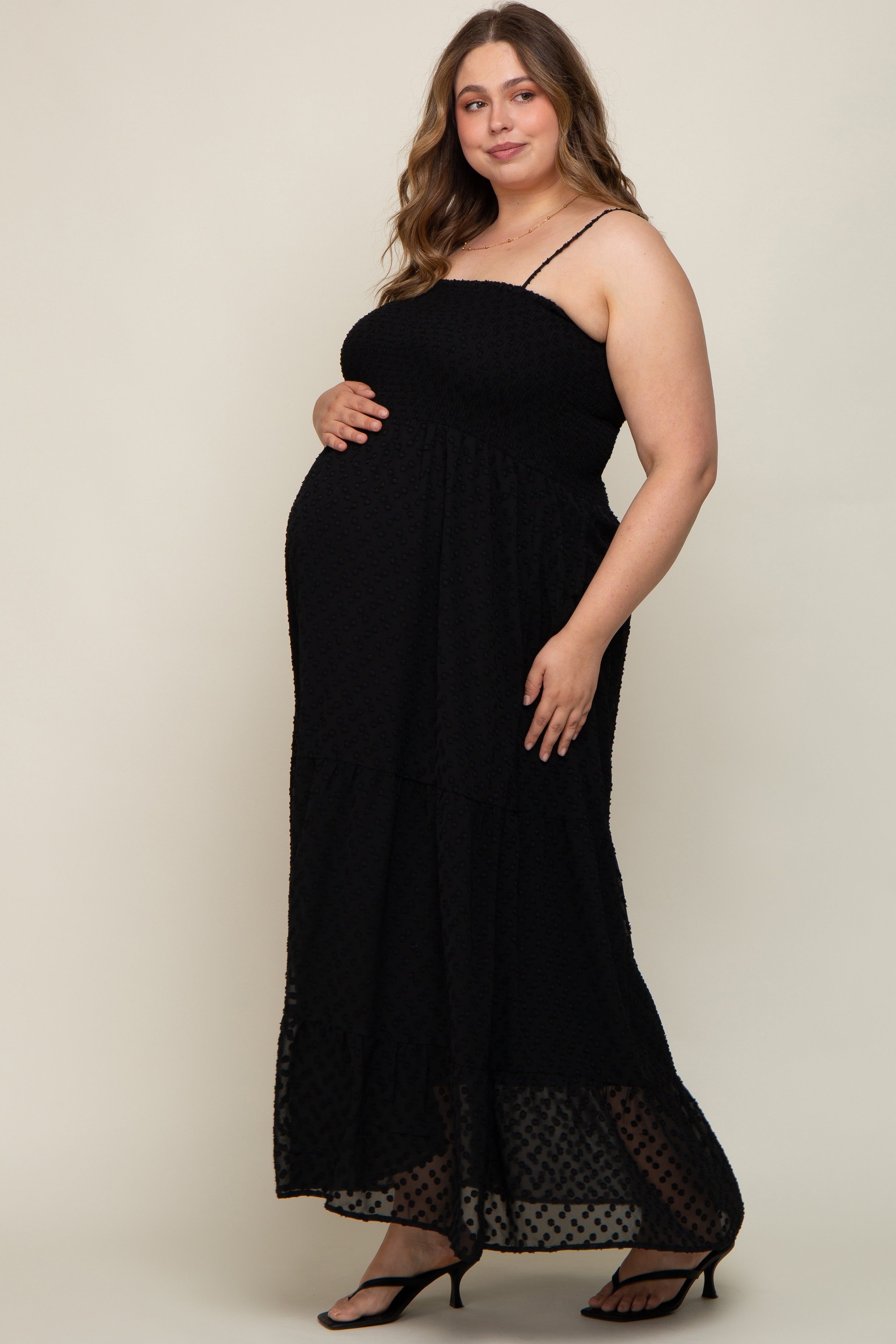 Black Textured Dot Chiffon Sleeveless Plus Maternity Maxi Dress sold by Pinkblush product image thumbnail 2