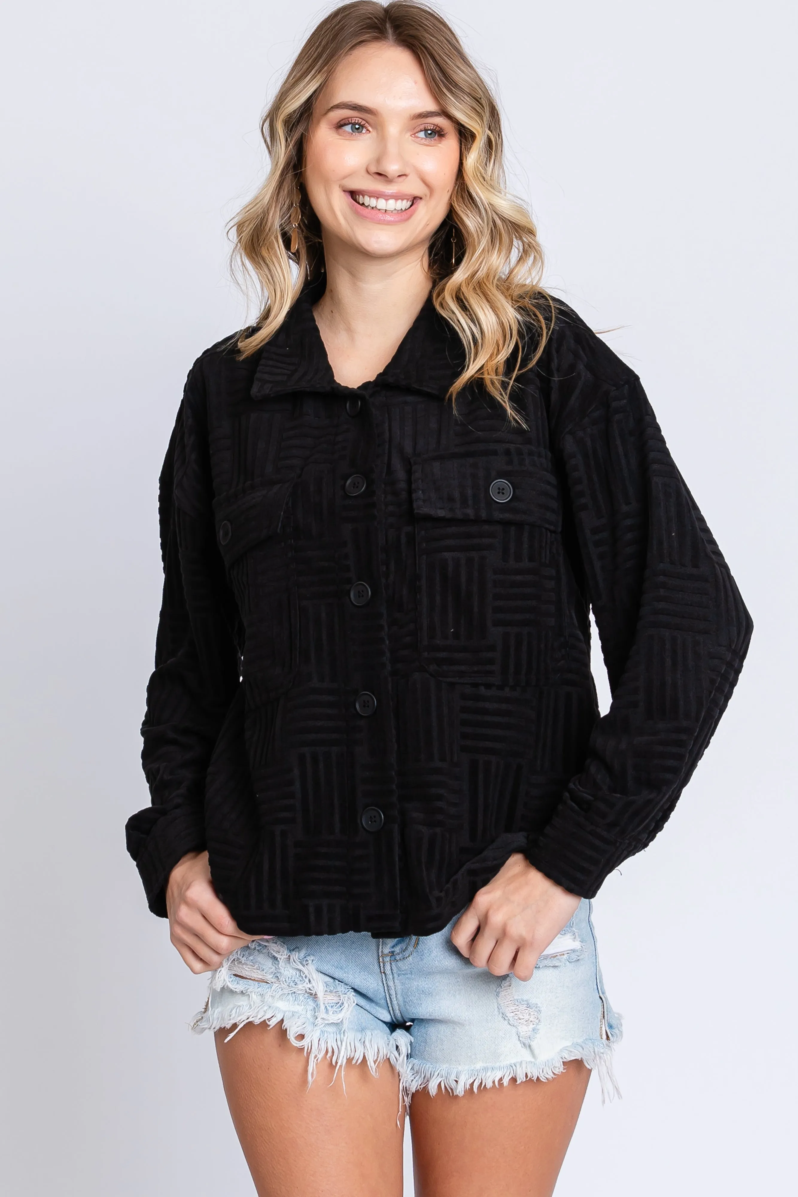 Black Velvet Textured Shirt Jacket sold by Pinkblush