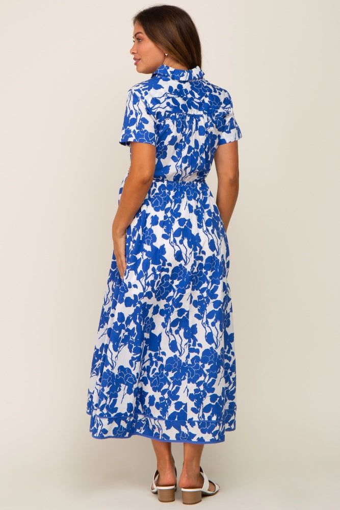Royal Blue Floral Collared Short Sleeve Side Cutout Maternity Midi Dress sold by Pinkblush product image thumbnail 3