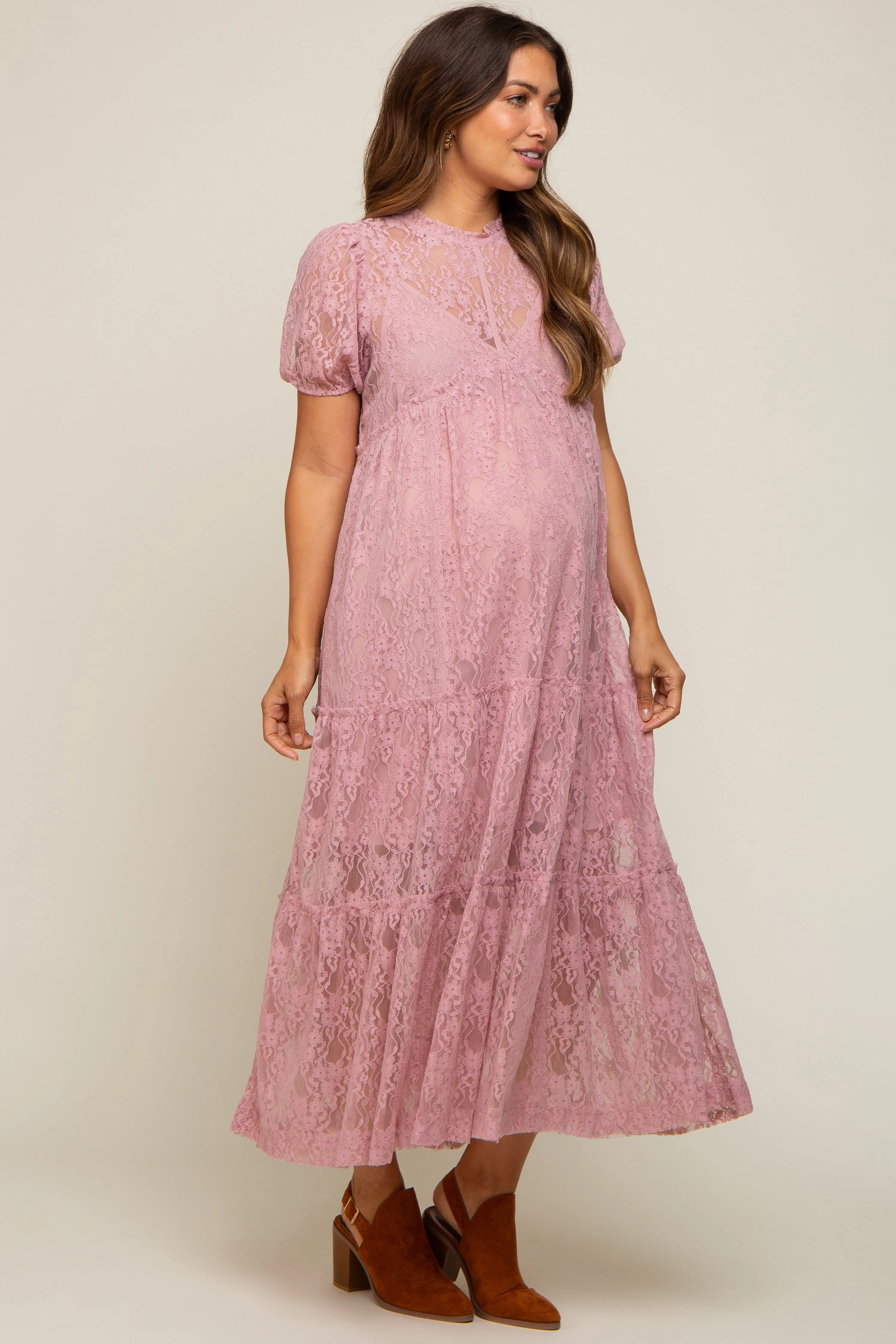 Mauve Lace Tiered Maternity Midi Dress sold by Pinkblush product image thumbnail 2