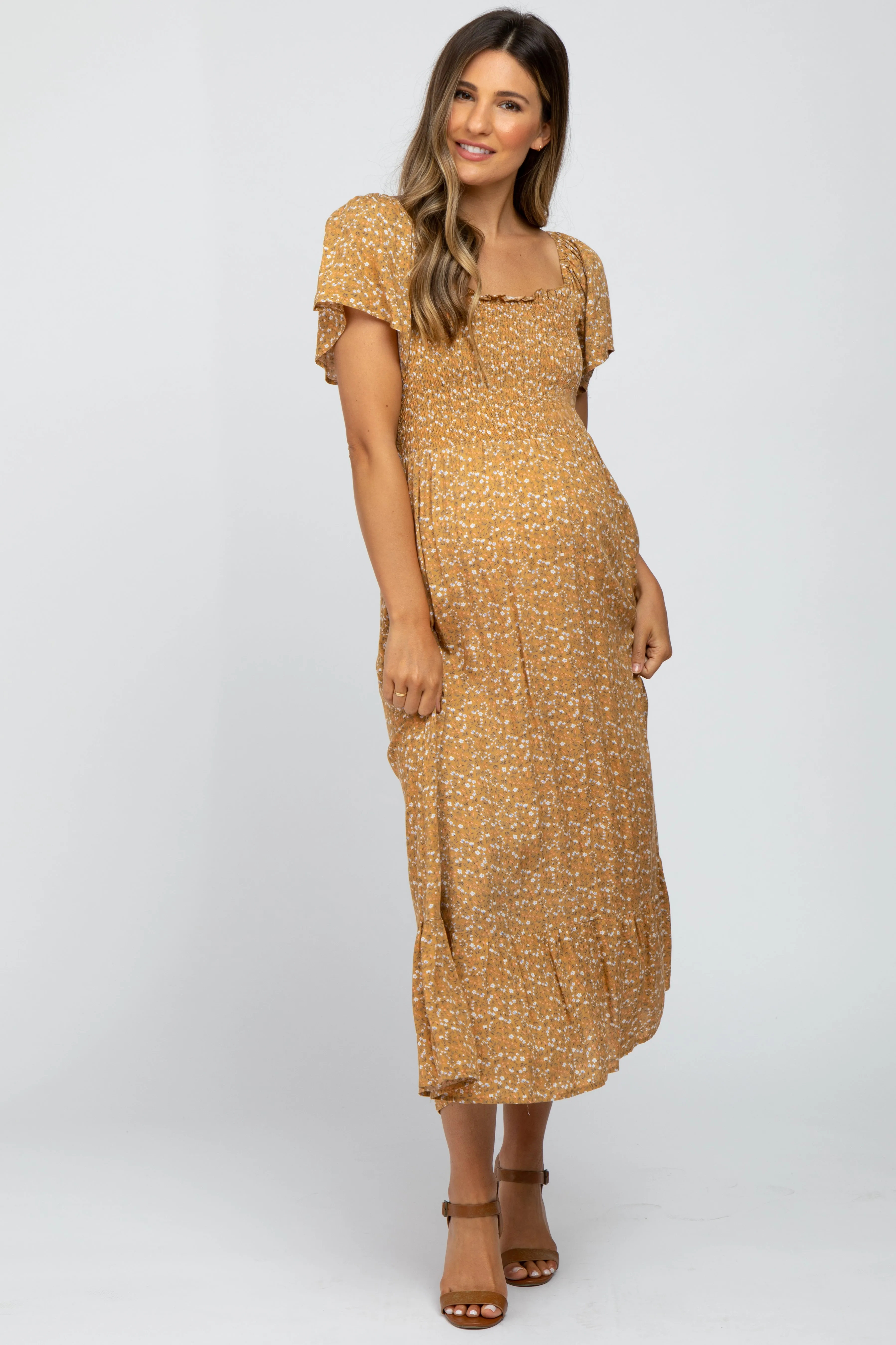 Mustard Floral Smocked Maternity Maxi Dress sold by Pinkblush product image thumbnail 2