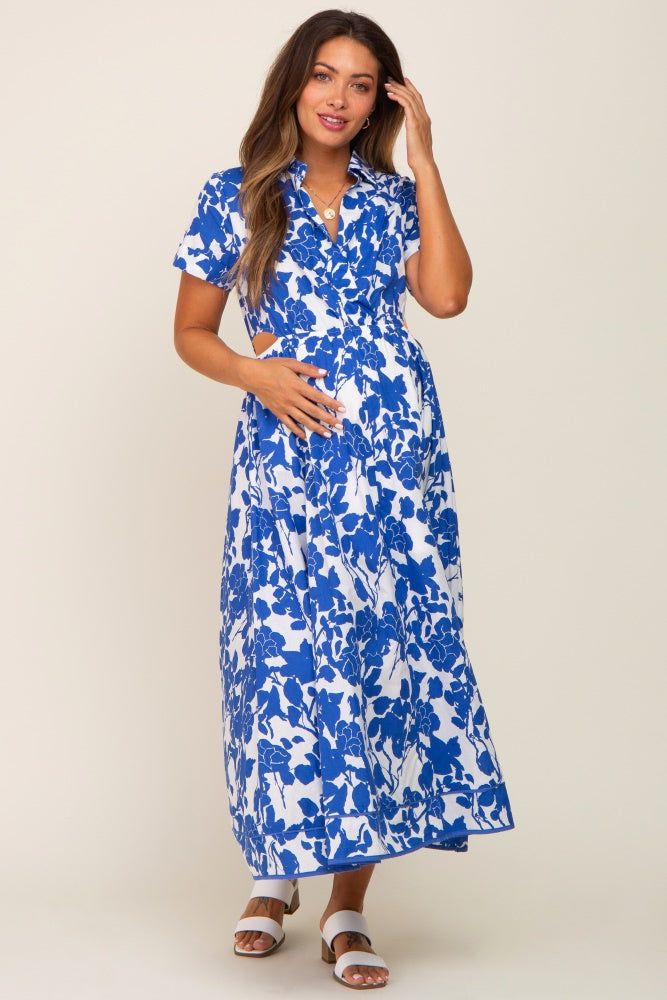 Royal Blue Floral Collared Short Sleeve Side Cutout Maternity Midi Dress sold by Pinkblush product image thumbnail 4