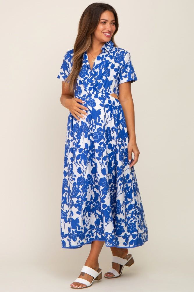 Royal Blue Floral Collared Short Sleeve Side Cutout Maternity Midi Dress sold by Pinkblush