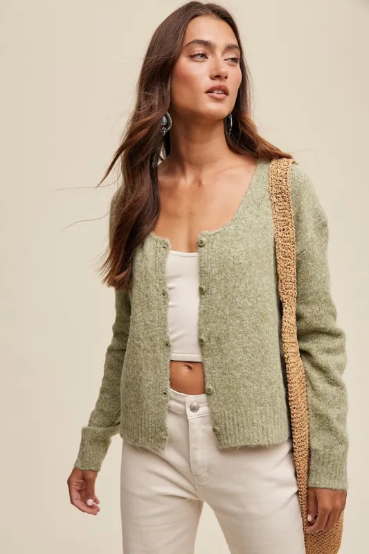 Olive Scoop Neck Button Down Soft Knit Cardigan sold by Pinkblush
