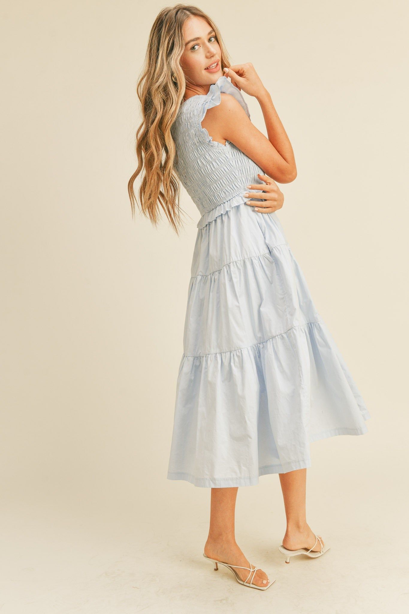 Light Blue Smocked Flutter Sleeve Tiered Midi Dress sold by Pinkblush product image thumbnail 3
