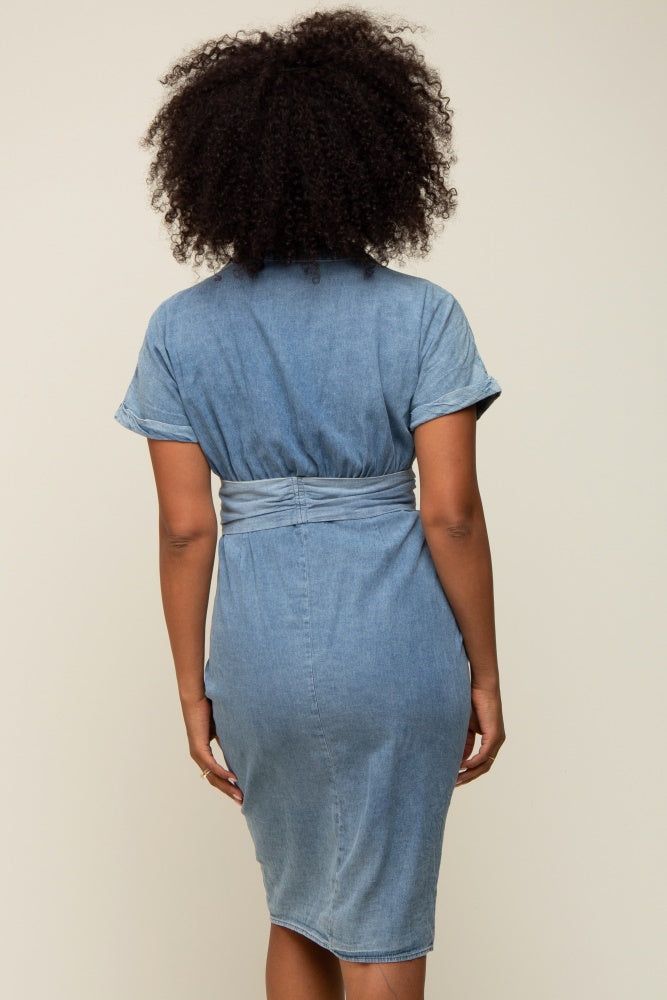 Blue Chambray Front Tie Button Up Dress sold by Pinkblush product image thumbnail 4