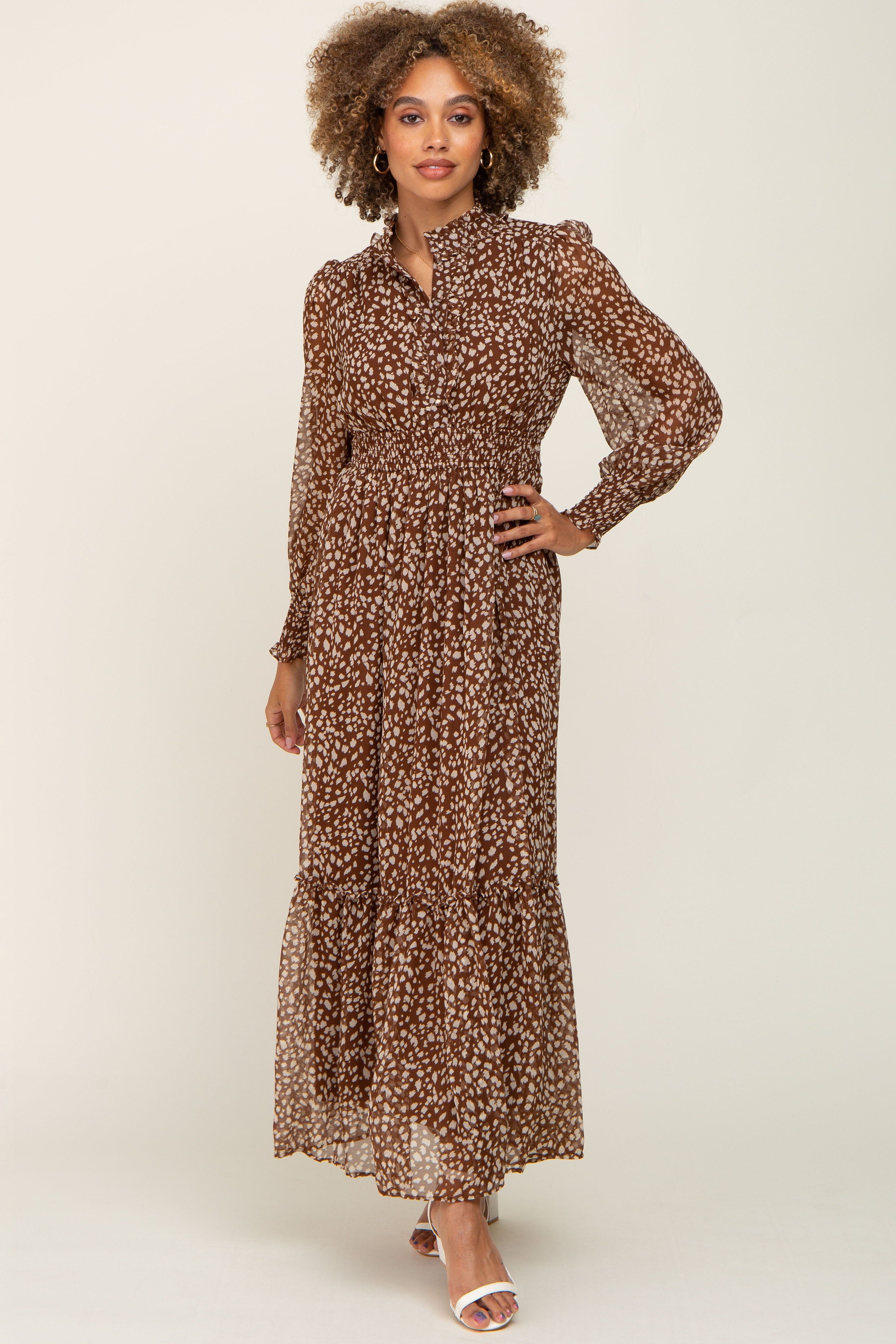 Brown Animal Print Chiffon Ruffle Accent Dress sold by Pinkblush