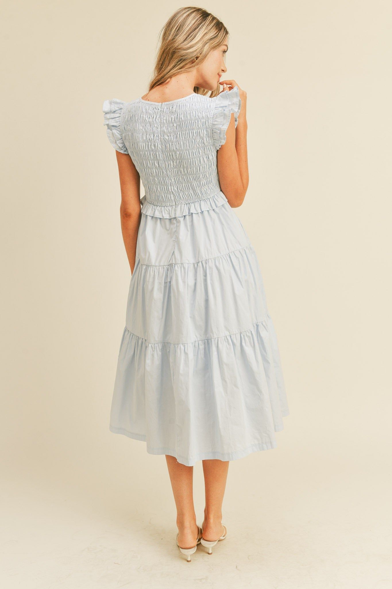 Light Blue Smocked Flutter Sleeve Tiered Midi Dress sold by Pinkblush product image thumbnail 4