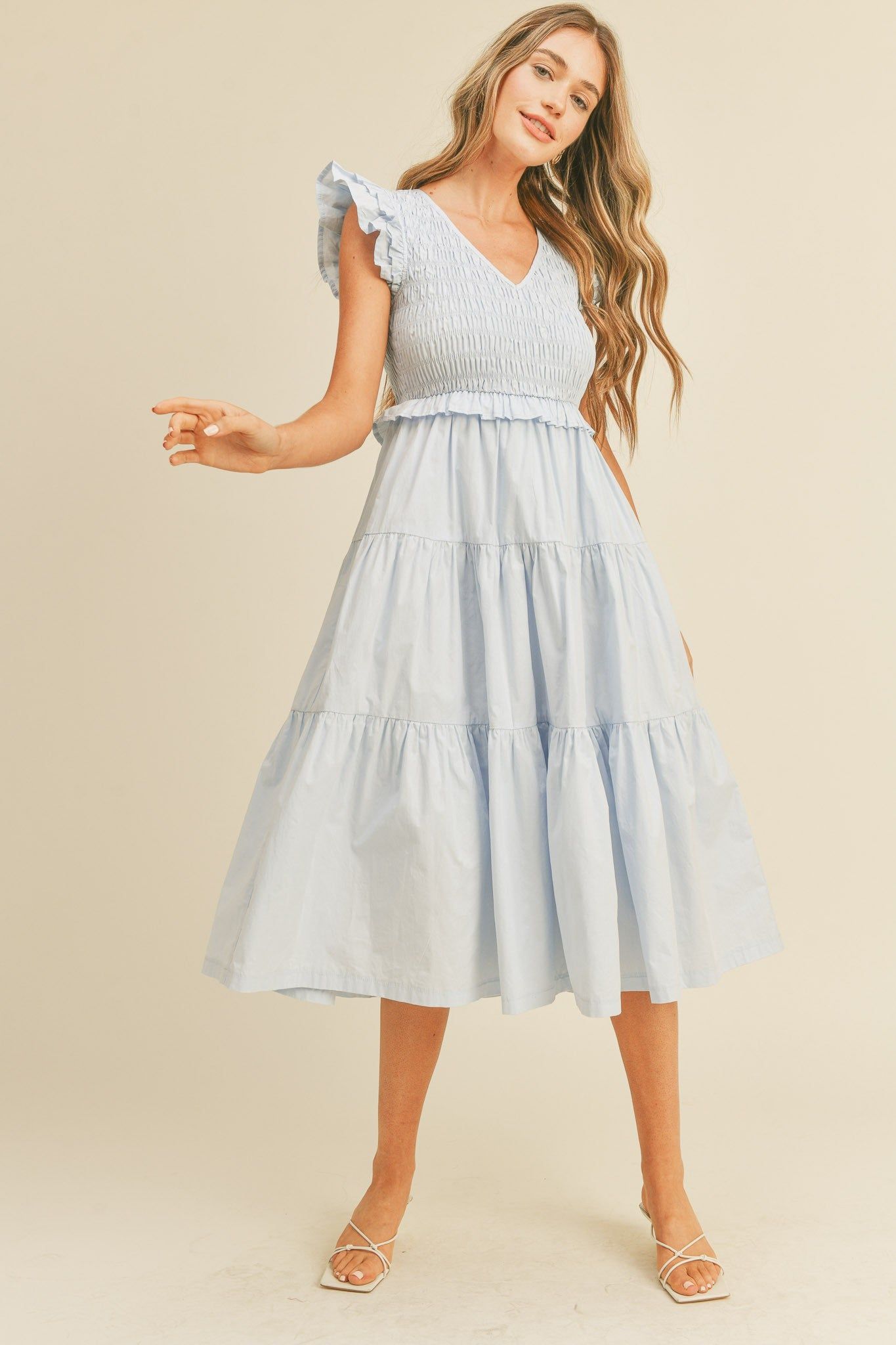 Light Blue Smocked Flutter Sleeve Tiered Midi Dress sold by Pinkblush
