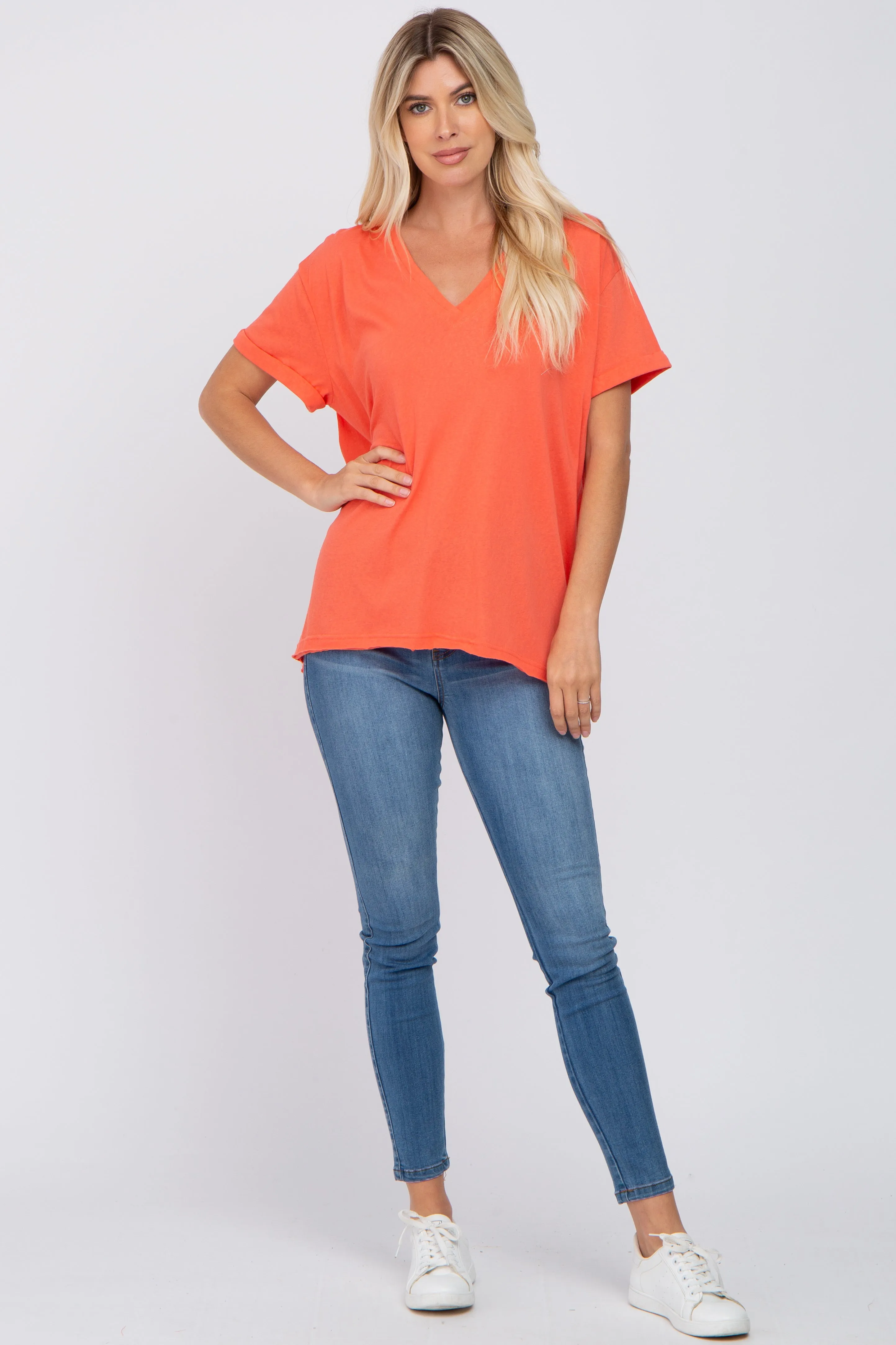 Coral Basic Rolled Short Sleeve Top sold by Pinkblush product image thumbnail 4