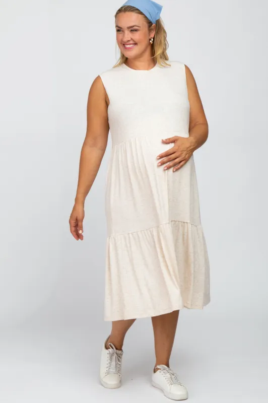 Beige Ribbed Sleeveless Plus Maternity Midi Dress sold by Pinkblush