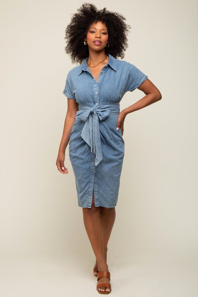Blue Chambray Front Tie Button Up Dress sold by Pinkblush product image thumbnail 5