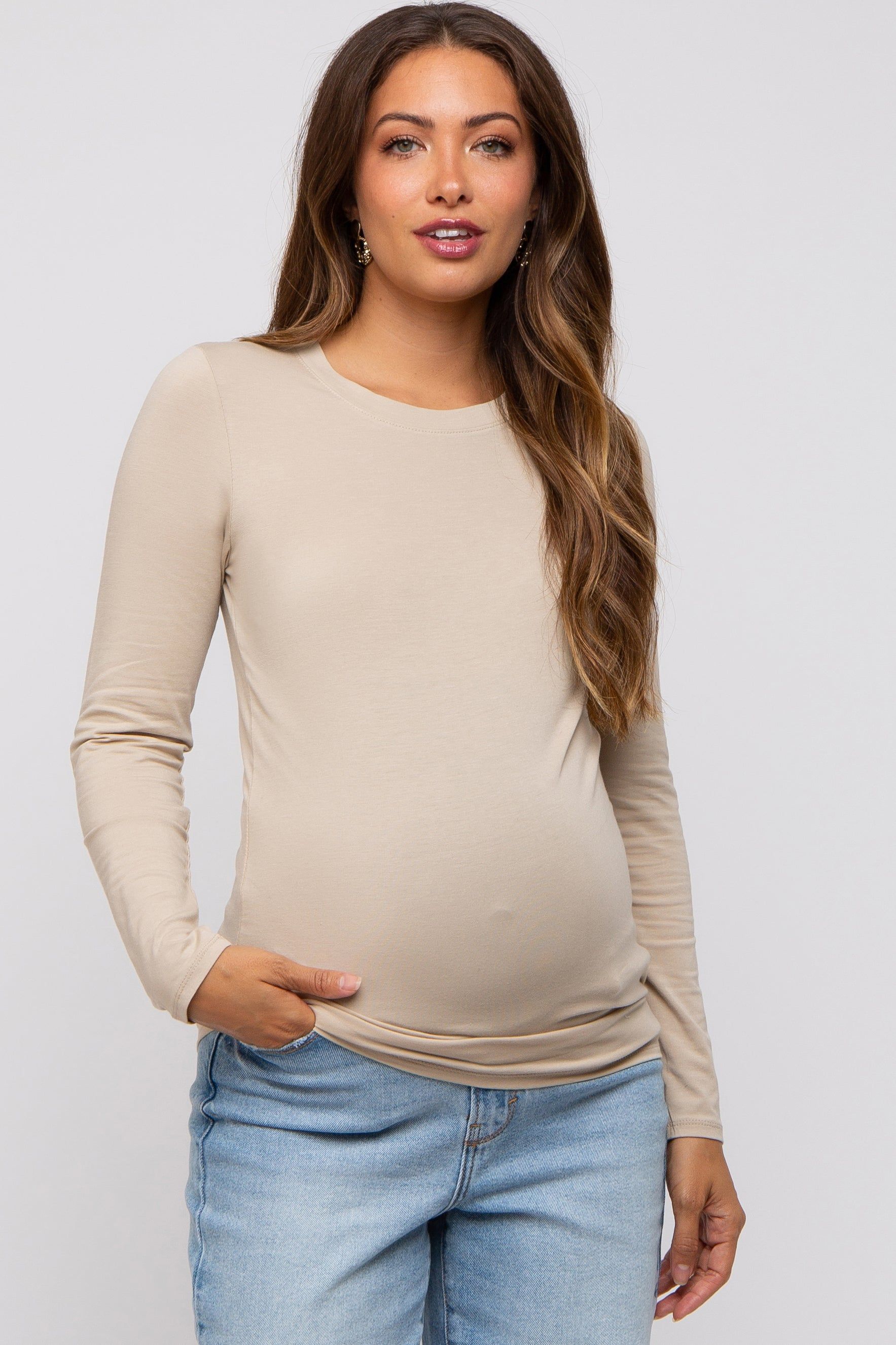 Beige Long Sleeve Maternity Top sold by Pinkblush