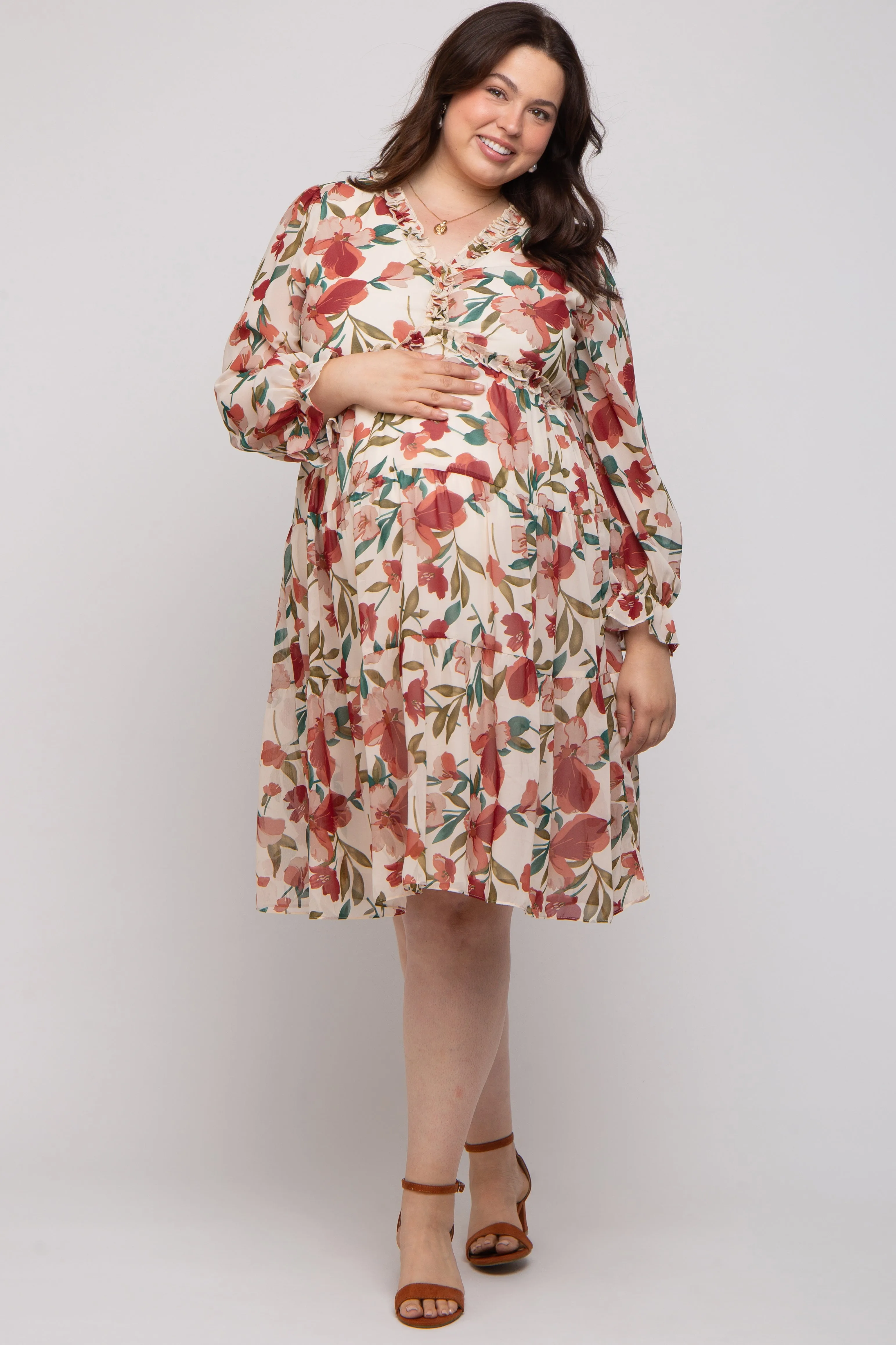 Ivory Floral Ruffle V-Neck Maternity Plus Dress sold by Pinkblush product image thumbnail 4