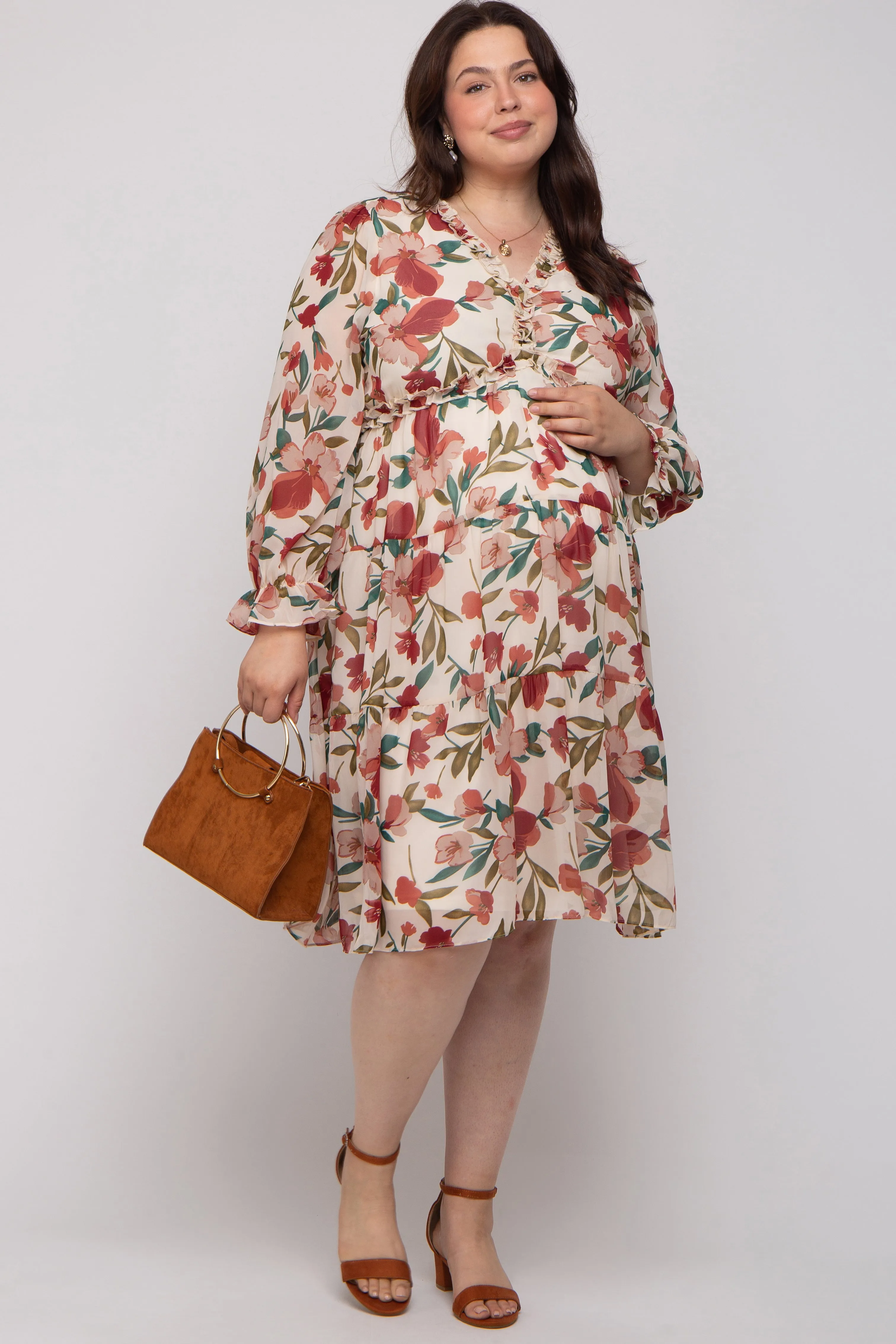 Ivory Floral Ruffle V-Neck Maternity Plus Dress sold by Pinkblush