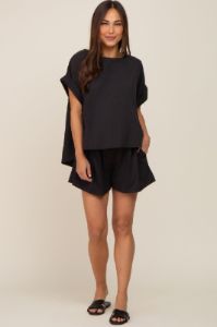Black Short Cuffed Sleeve Top and Short Maternity Set sold by Pinkblush