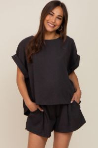 Black Short Cuffed Sleeve Top and Short Maternity Set sold by Pinkblush
