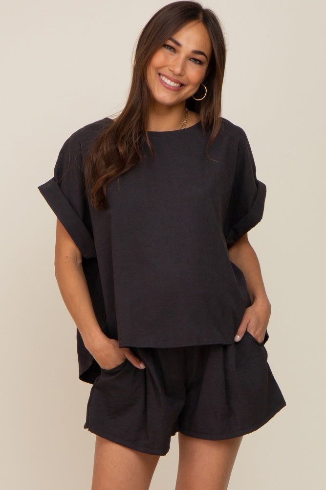 Black Short Cuffed Sleeve Top and Short Maternity Set sold by Pinkblush