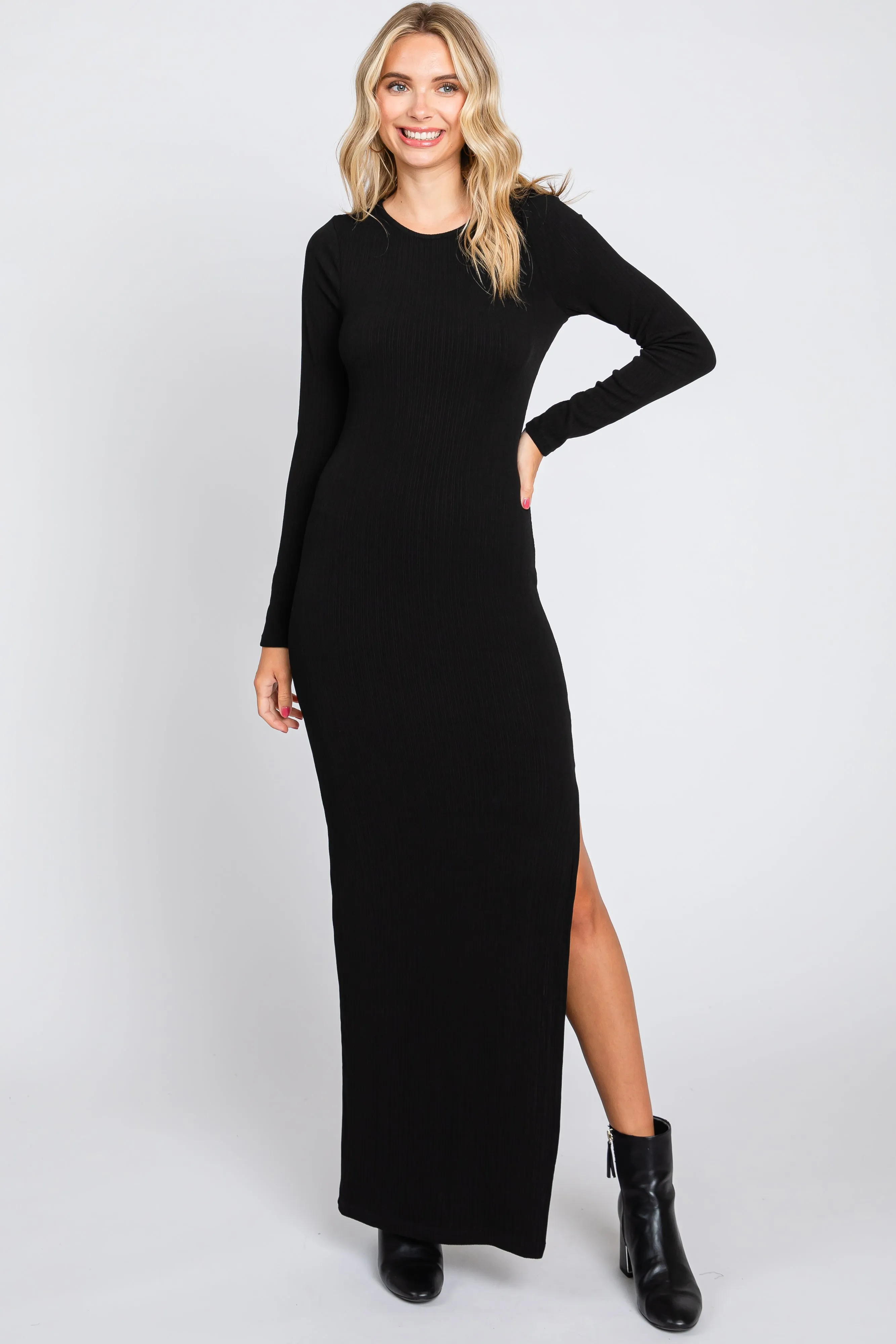 Black Ribbed Long Sleeve Side Slit Maxi Dress sold by Pinkblush