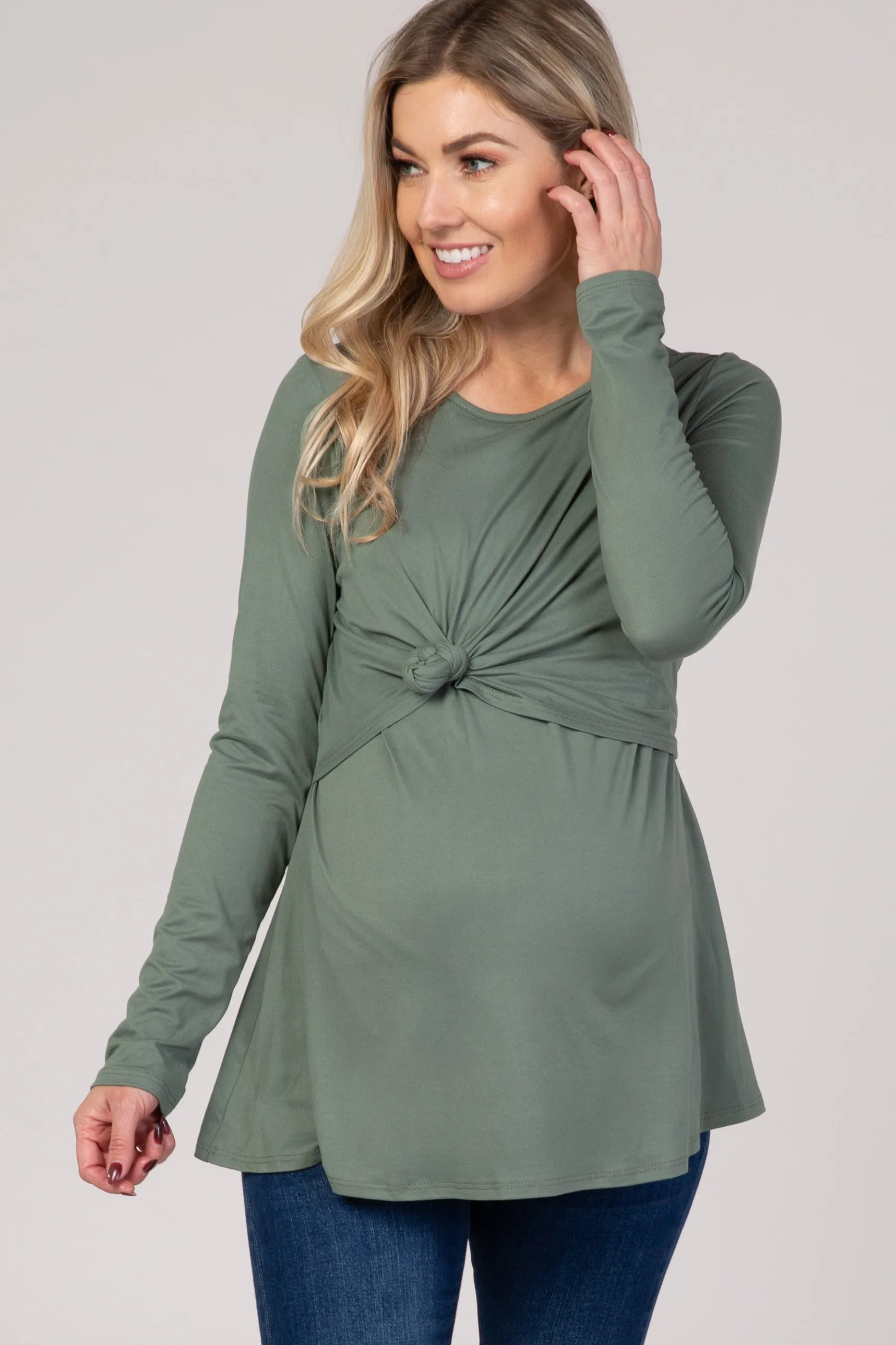PinkBlush Olive Front Knot Long Sleeve Maternity Nursing Top sold by Pinkblush