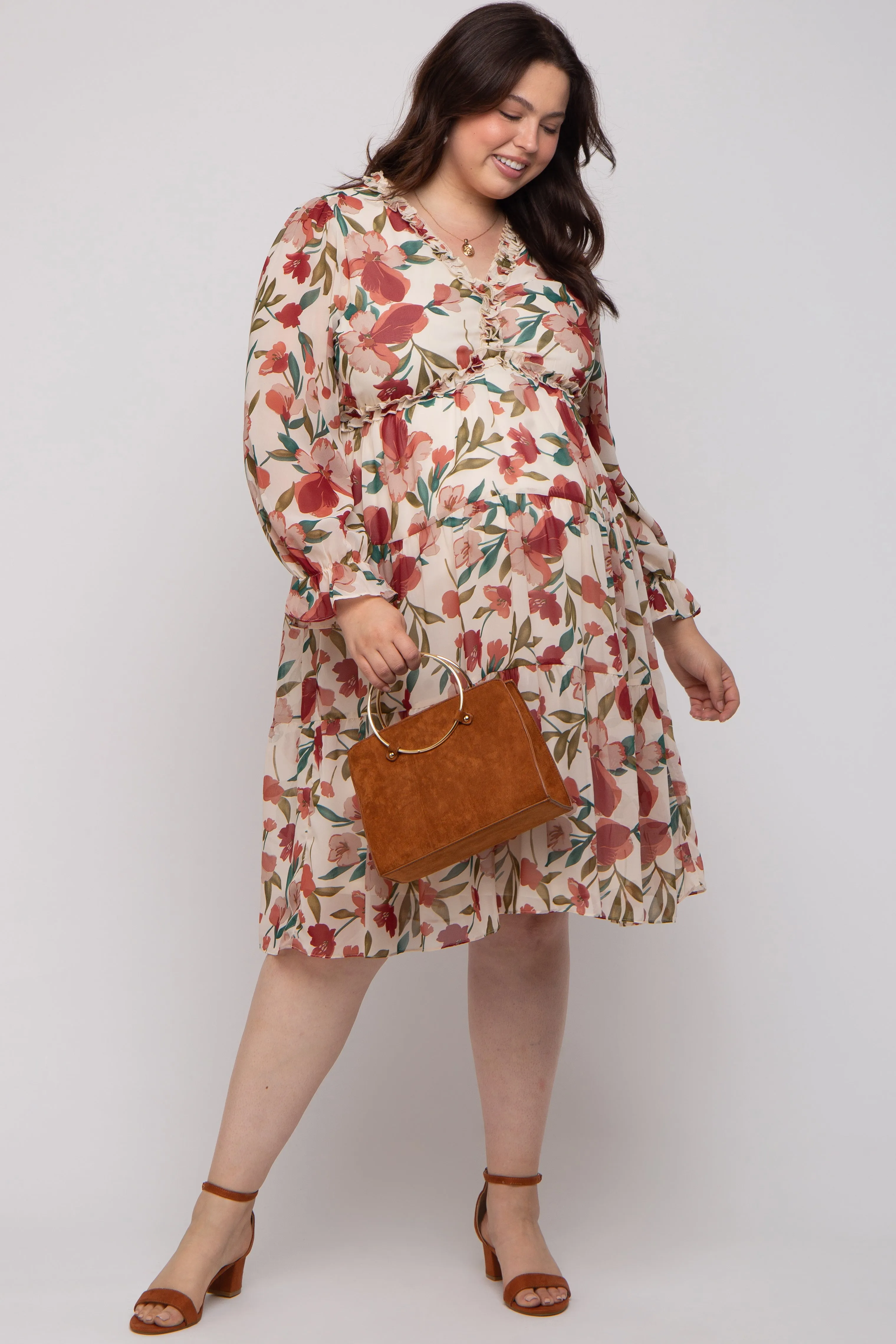 Ivory Floral Ruffle V-Neck Maternity Plus Dress sold by Pinkblush product image thumbnail 5