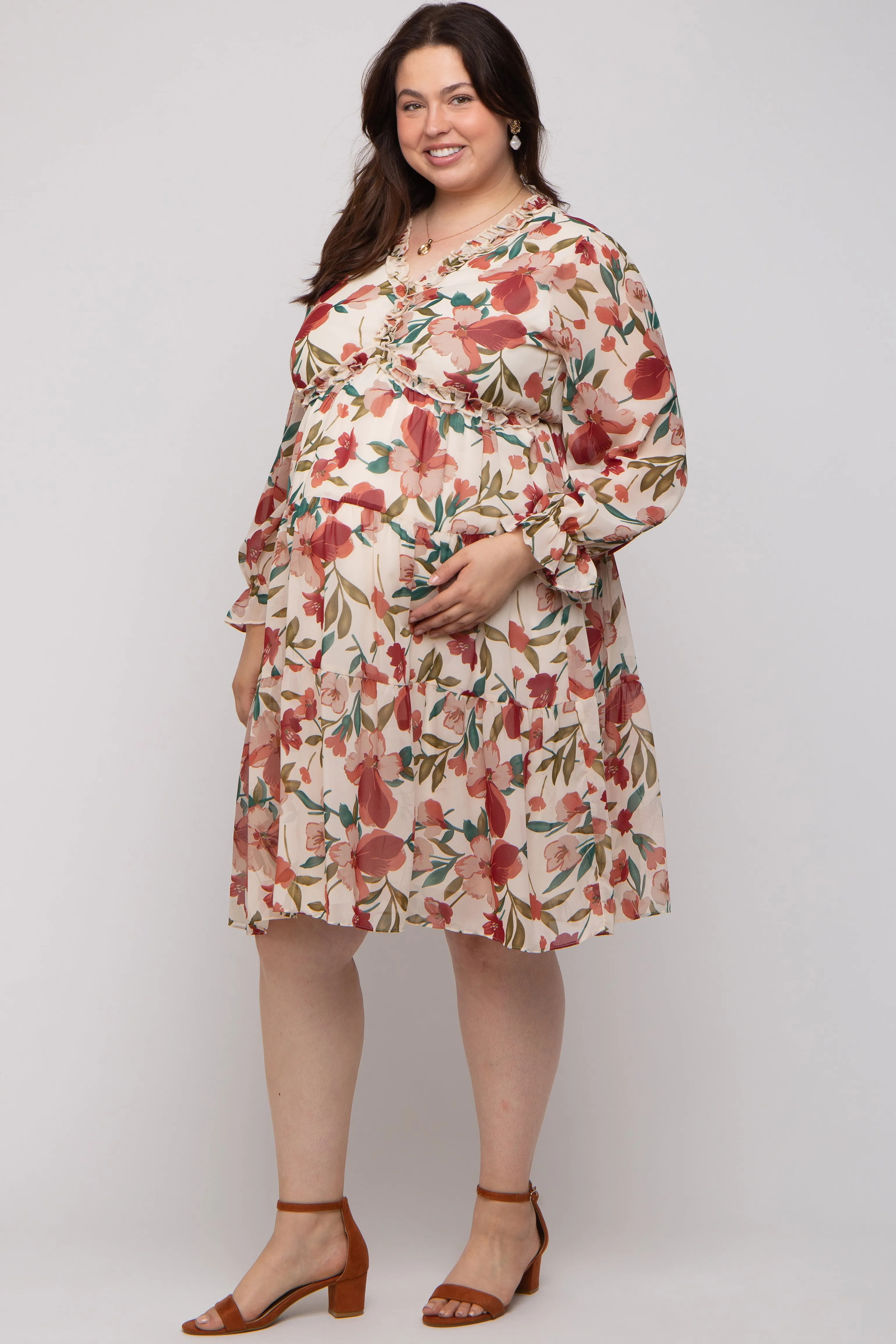 Ivory Floral Ruffle V-Neck Maternity Plus Dress sold by Pinkblush product image thumbnail 2