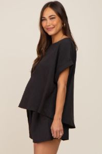 Black Short Cuffed Sleeve Top and Short Maternity Set sold by Pinkblush