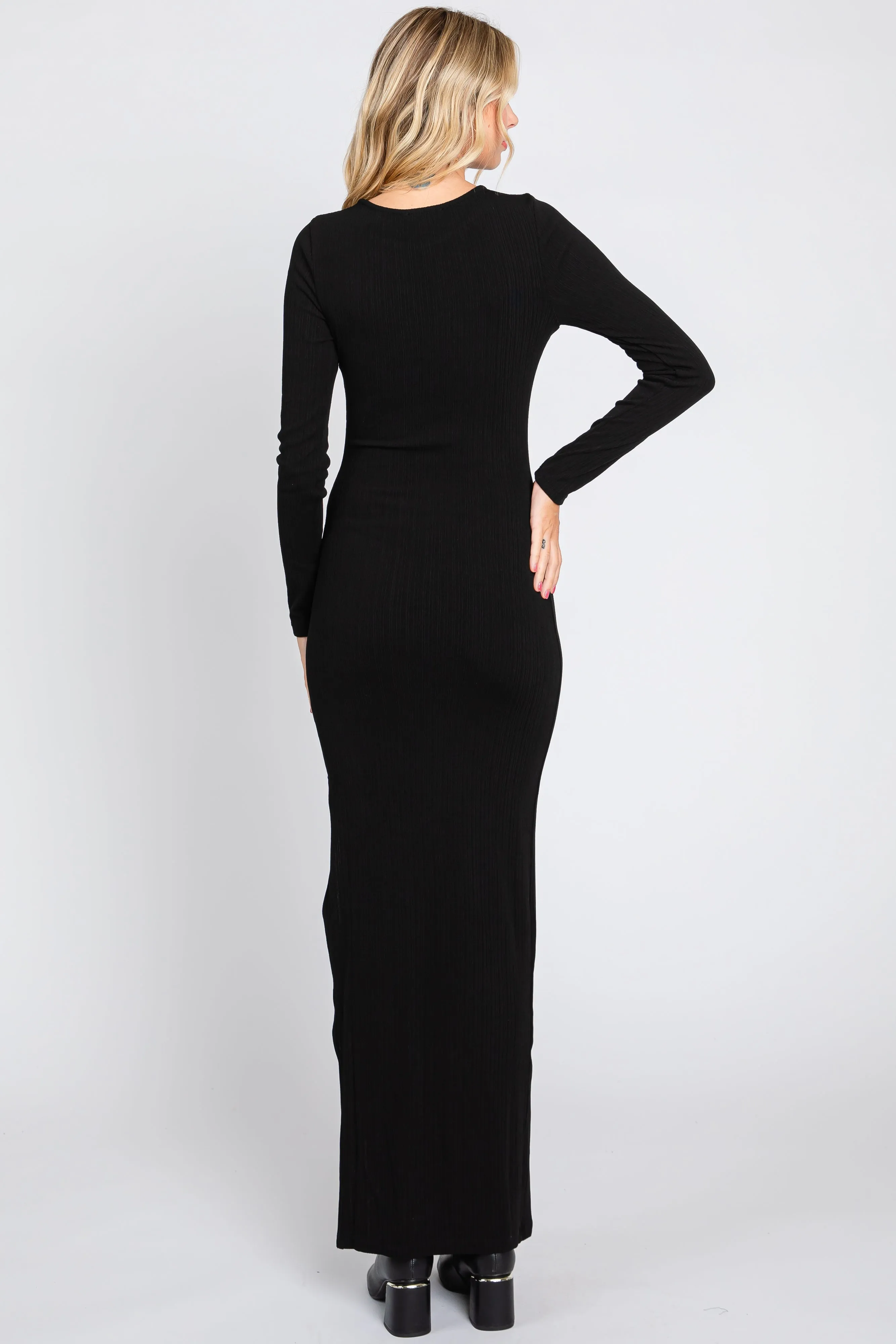 Black Ribbed Long Sleeve Side Slit Maxi Dress sold by Pinkblush product image thumbnail 3