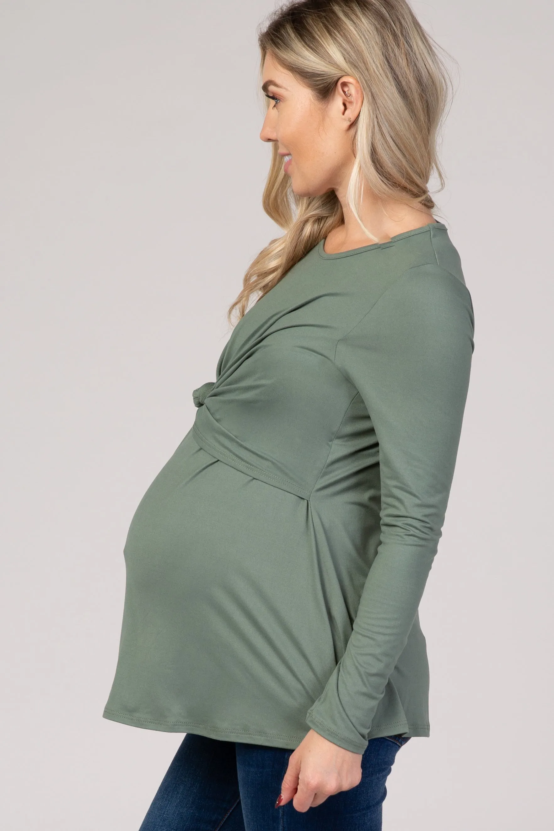 PinkBlush Olive Front Knot Long Sleeve Maternity Nursing Top sold by Pinkblush product image thumbnail 3