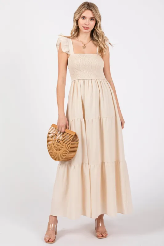 Taupe Sleeveless Smocked Tiered Maxi Dress sold by Pinkblush