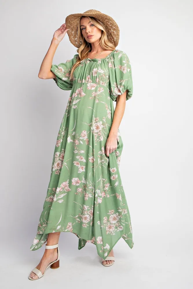 Light Olive Floral Puff Sleeve Maxi Dress sold by Pinkblush