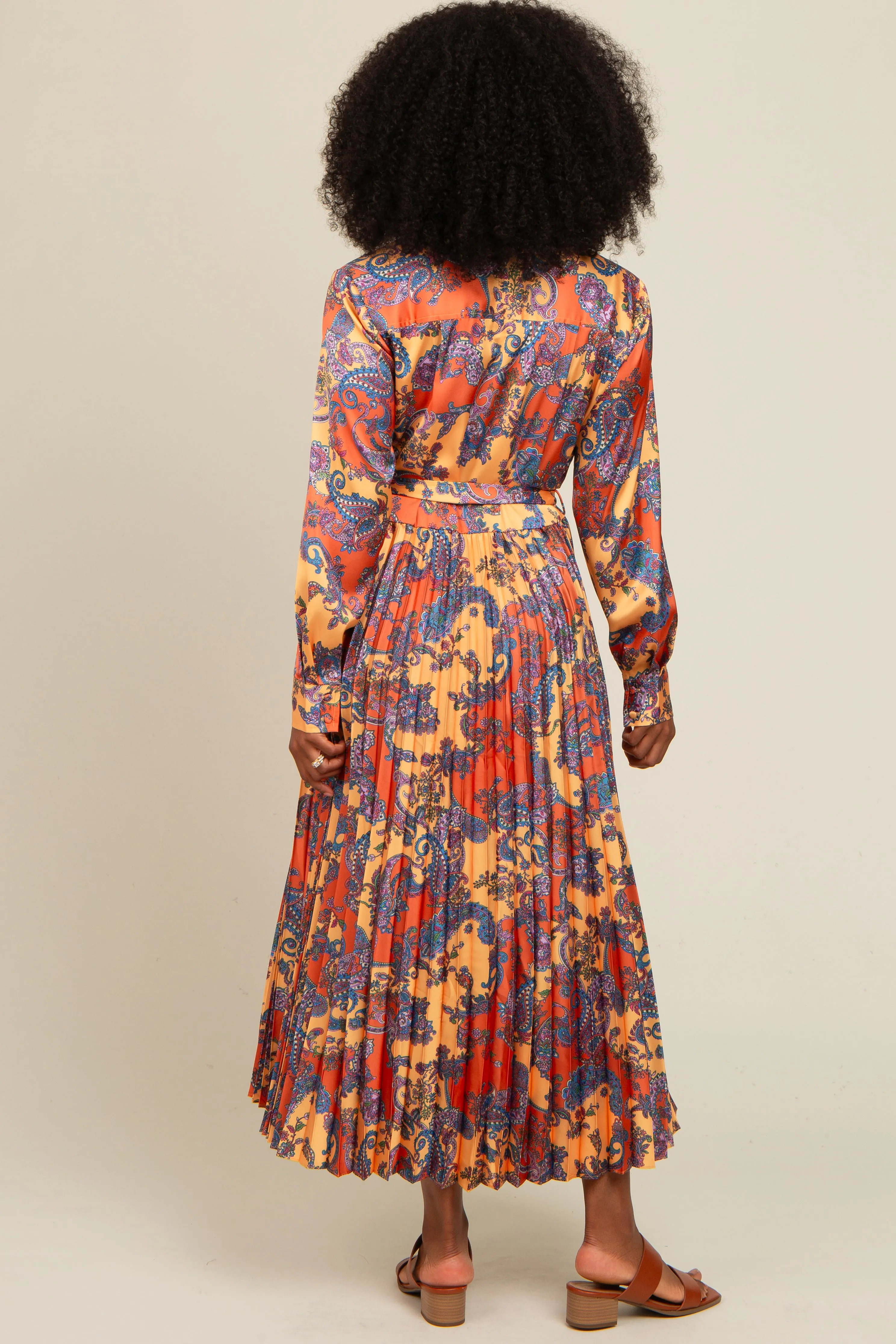Orange Paisley Print Pleated Button Down Midi Dress sold by Pinkblush product image thumbnail 4