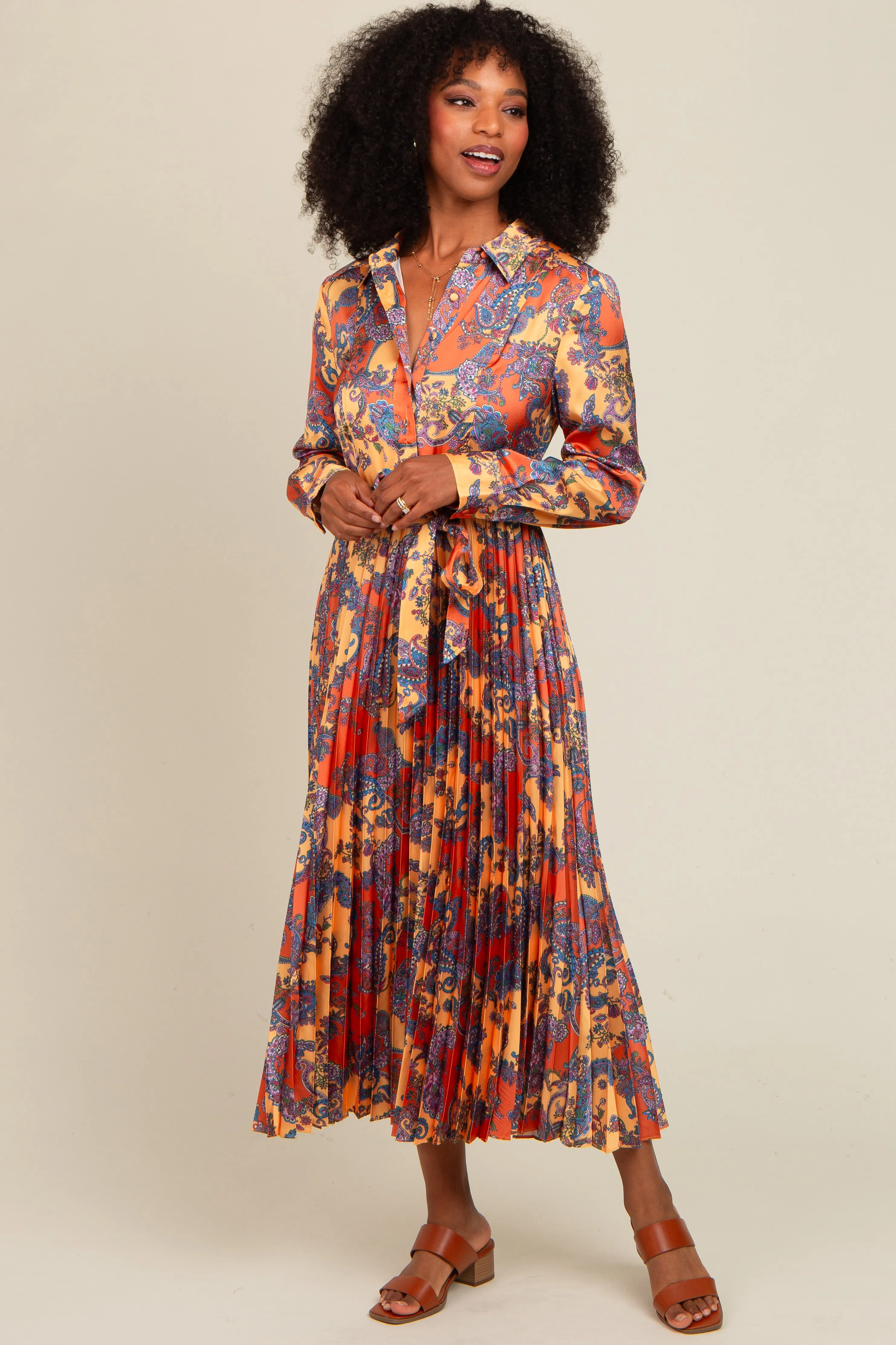 Orange Paisley Print Pleated Button Down Midi Dress sold by Pinkblush