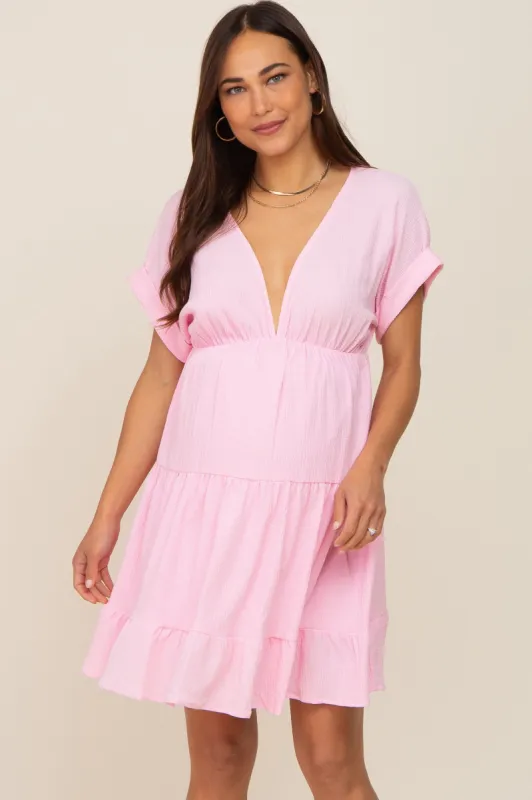 Pink V-Neck Tiered Cutout Back Maternity Dress sold by Pinkblush