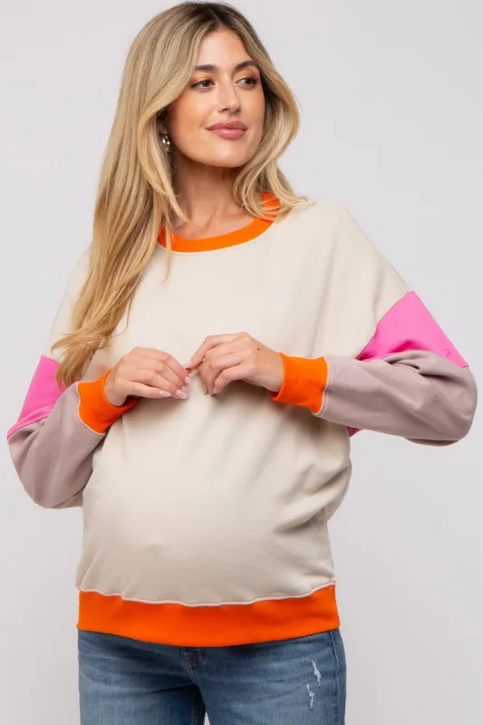 Beige Color Block Maternity Sweatshirt sold by Pinkblush