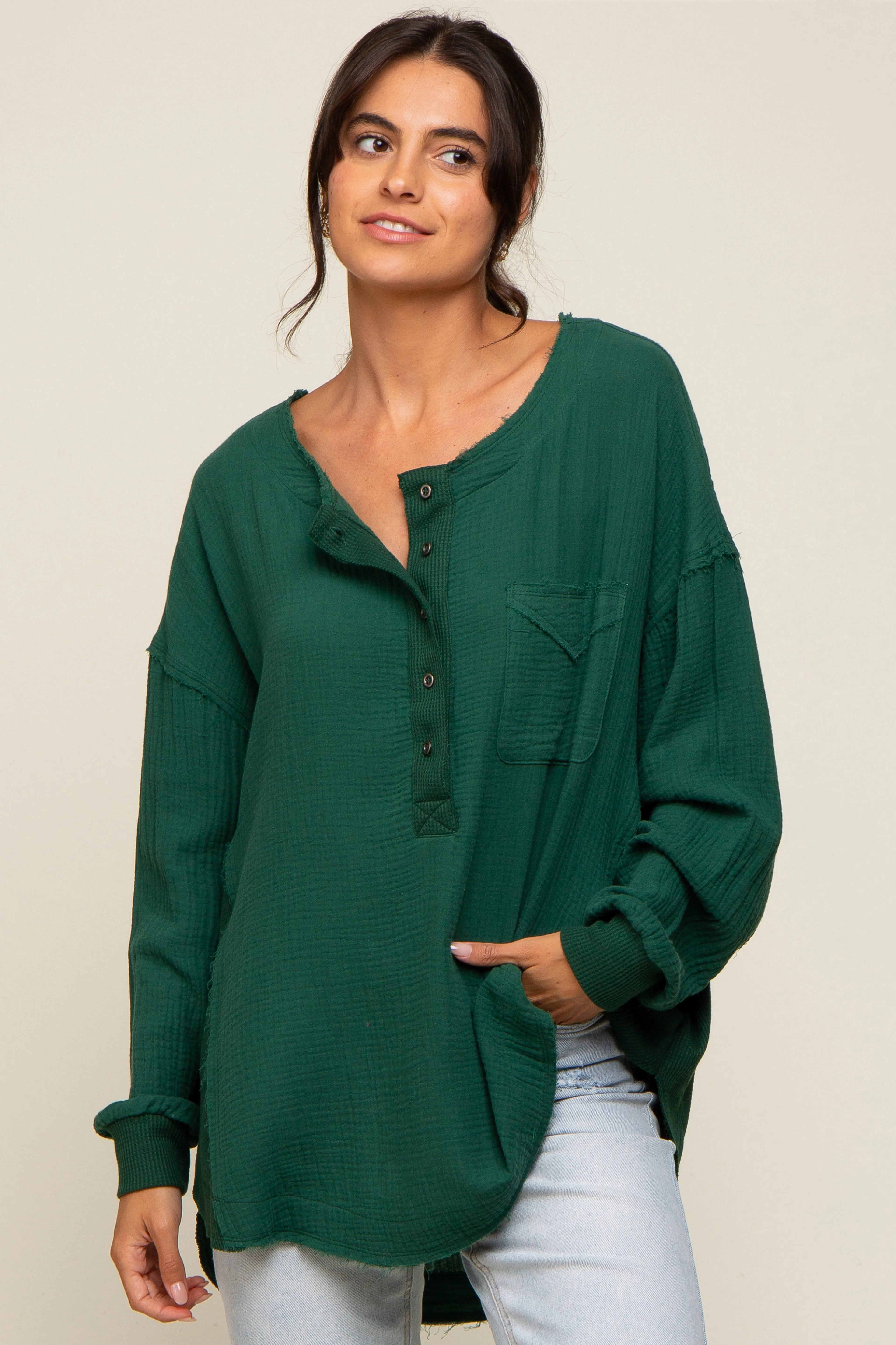 Forest Green Lightweight Button Front Tunic Top sold by Pinkblush