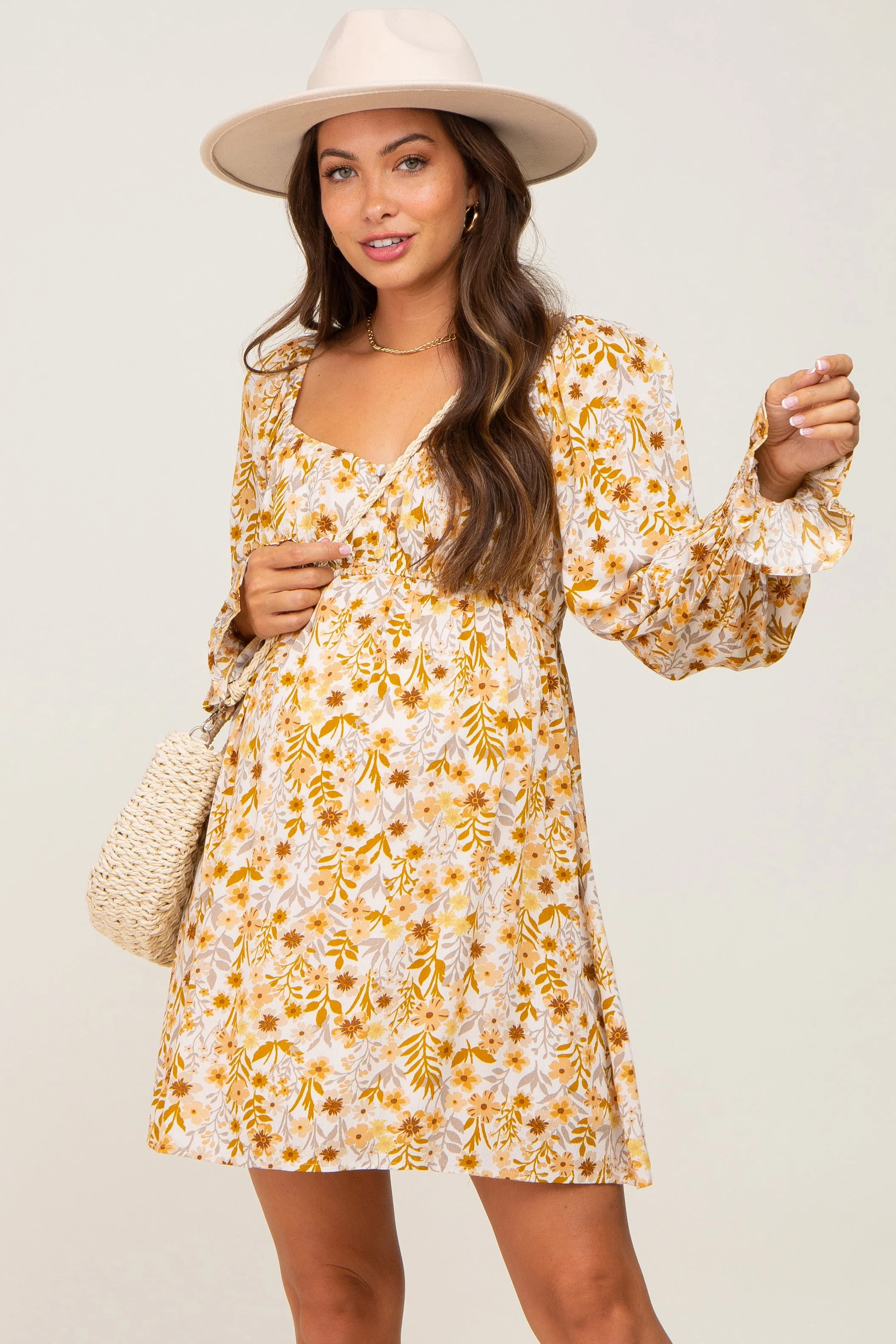 Gold Floral Button Front Long Sleeve Maternity Dress sold by Pinkblush