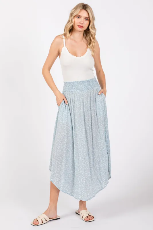 Light Blue Floral Smocked Waist Skirt sold by Pinkblush