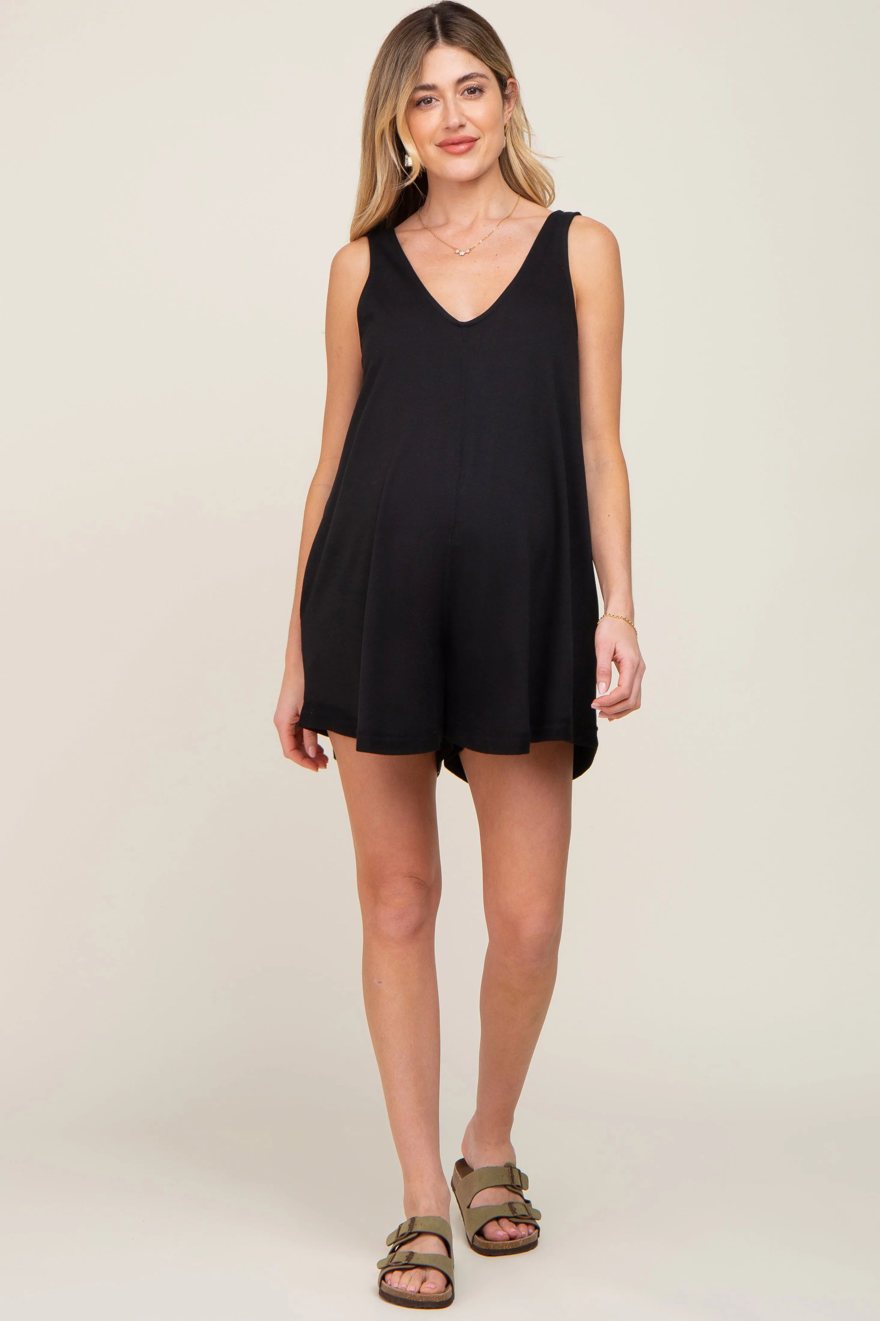 Black Rounded V-Neck Sleeveless Maternity Romper sold by Pinkblush