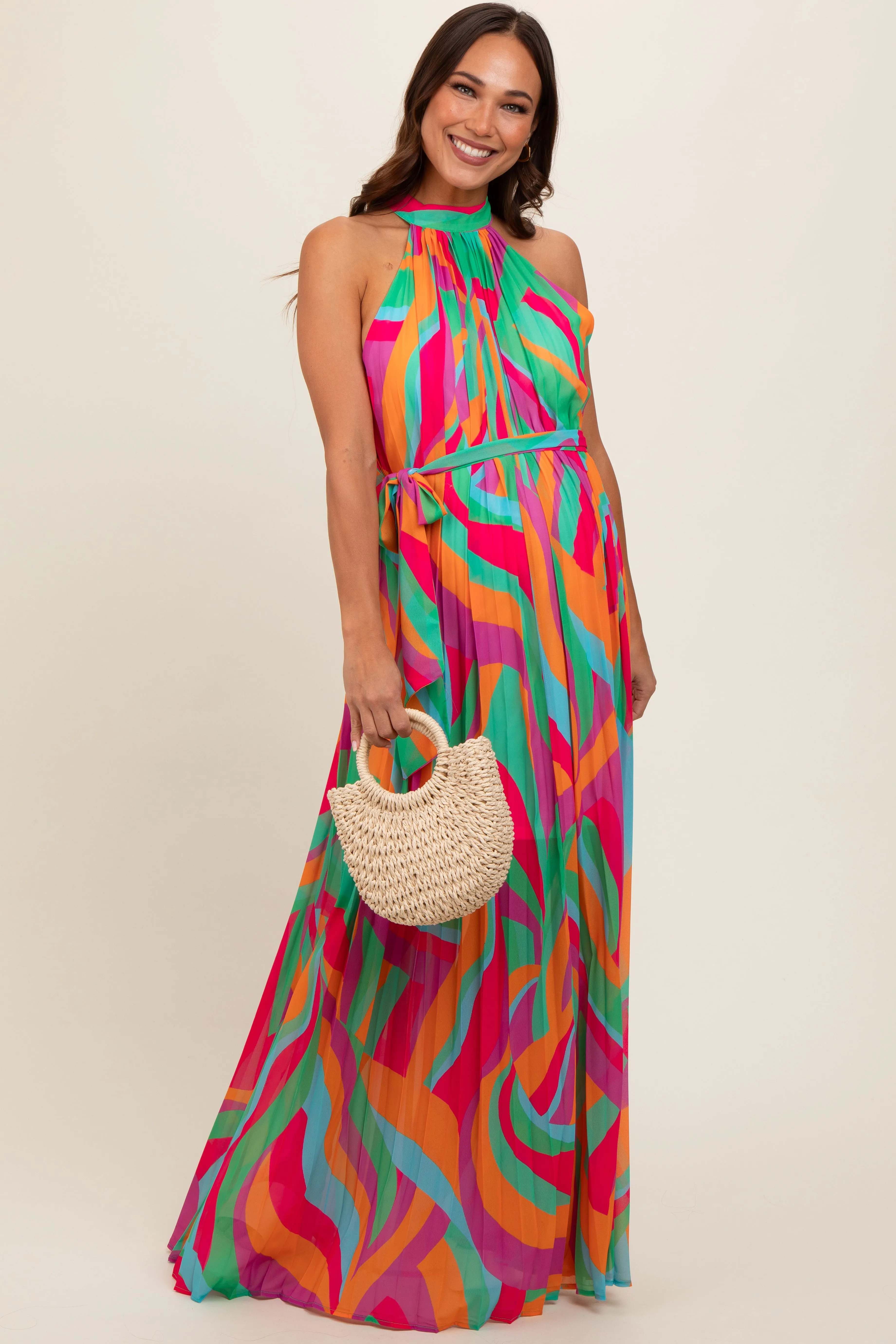 Multicolor Print Pleated Halter Maternity Maxi Dress sold by Pinkblush