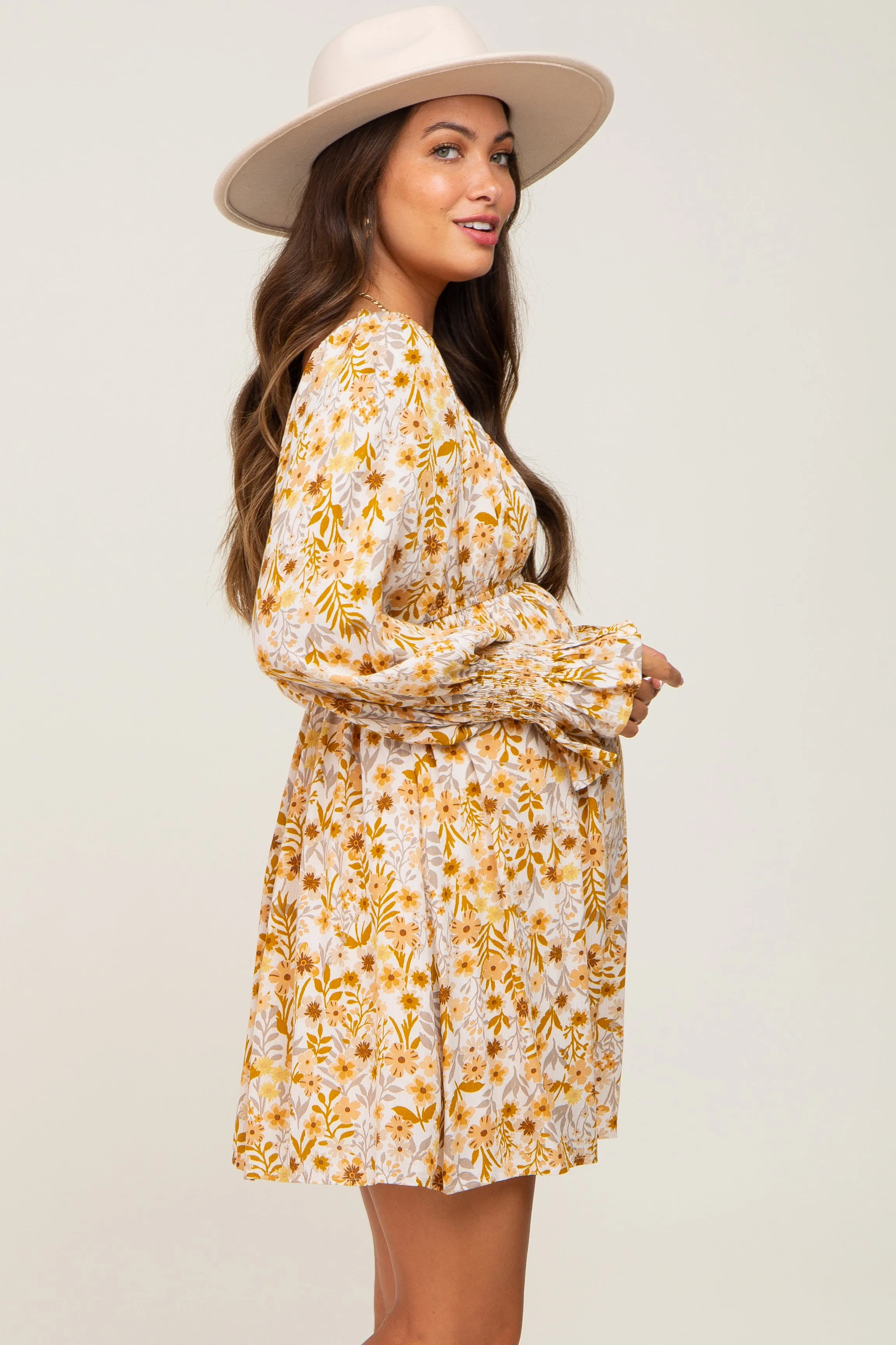 Gold Floral Button Front Long Sleeve Maternity Dress sold by Pinkblush product image thumbnail 2