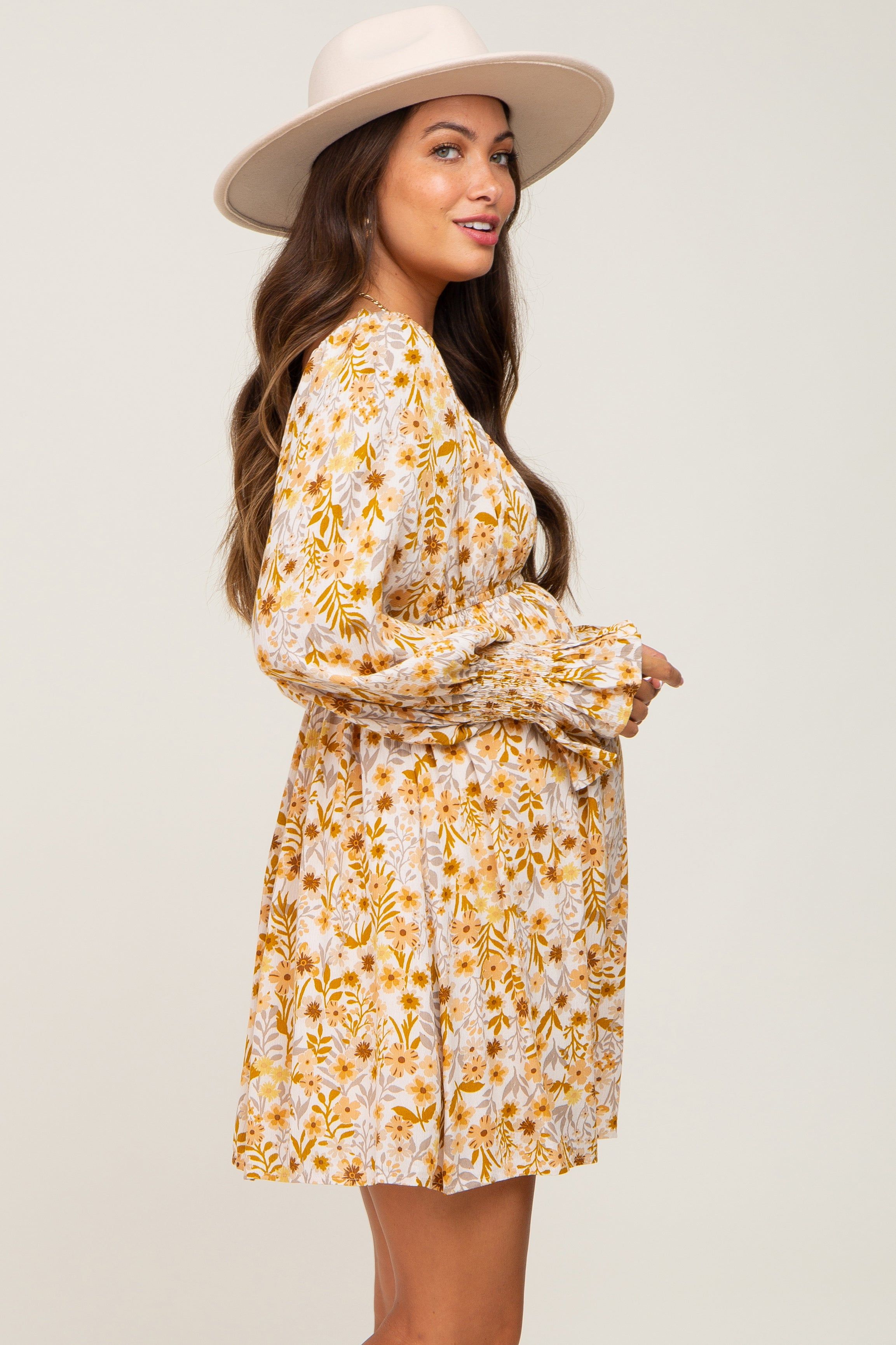 Gold Floral Button Front Long Sleeve Maternity Dress sold by Pinkblush product image thumbnail 2