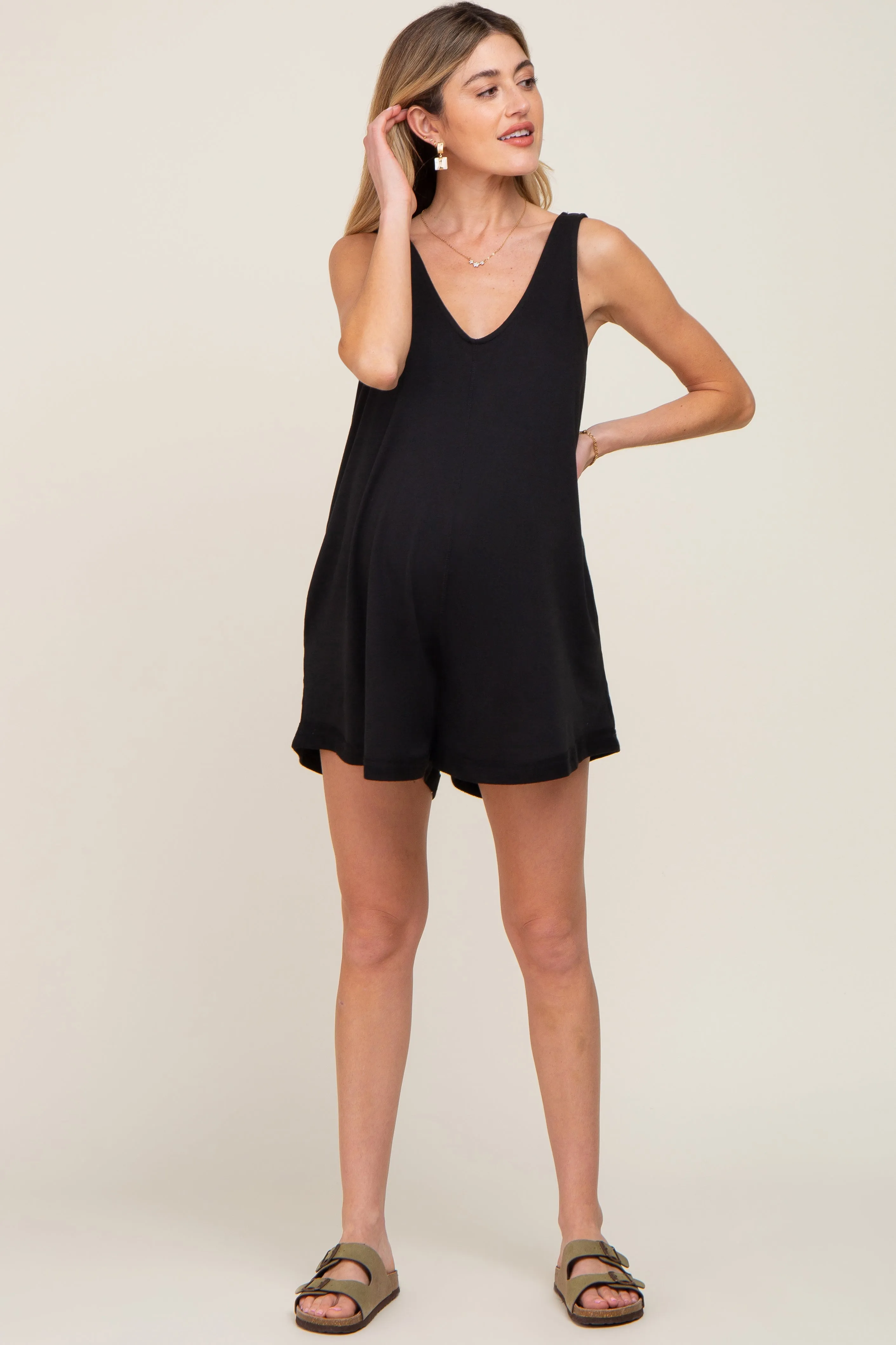 Black Rounded V-Neck Sleeveless Maternity Romper sold by Pinkblush product image thumbnail 2