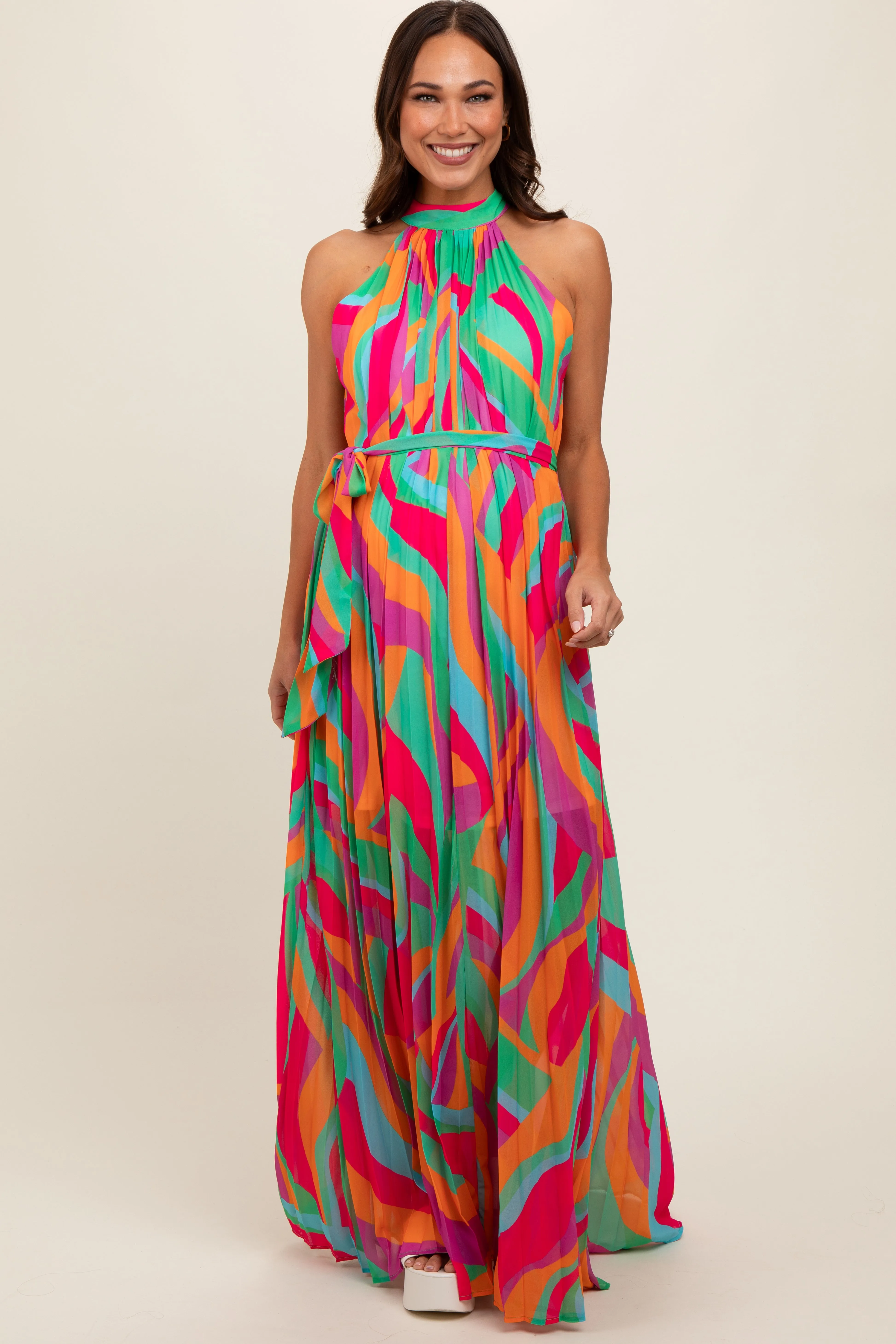 Multicolor Print Pleated Halter Maternity Maxi Dress sold by Pinkblush product image thumbnail 2