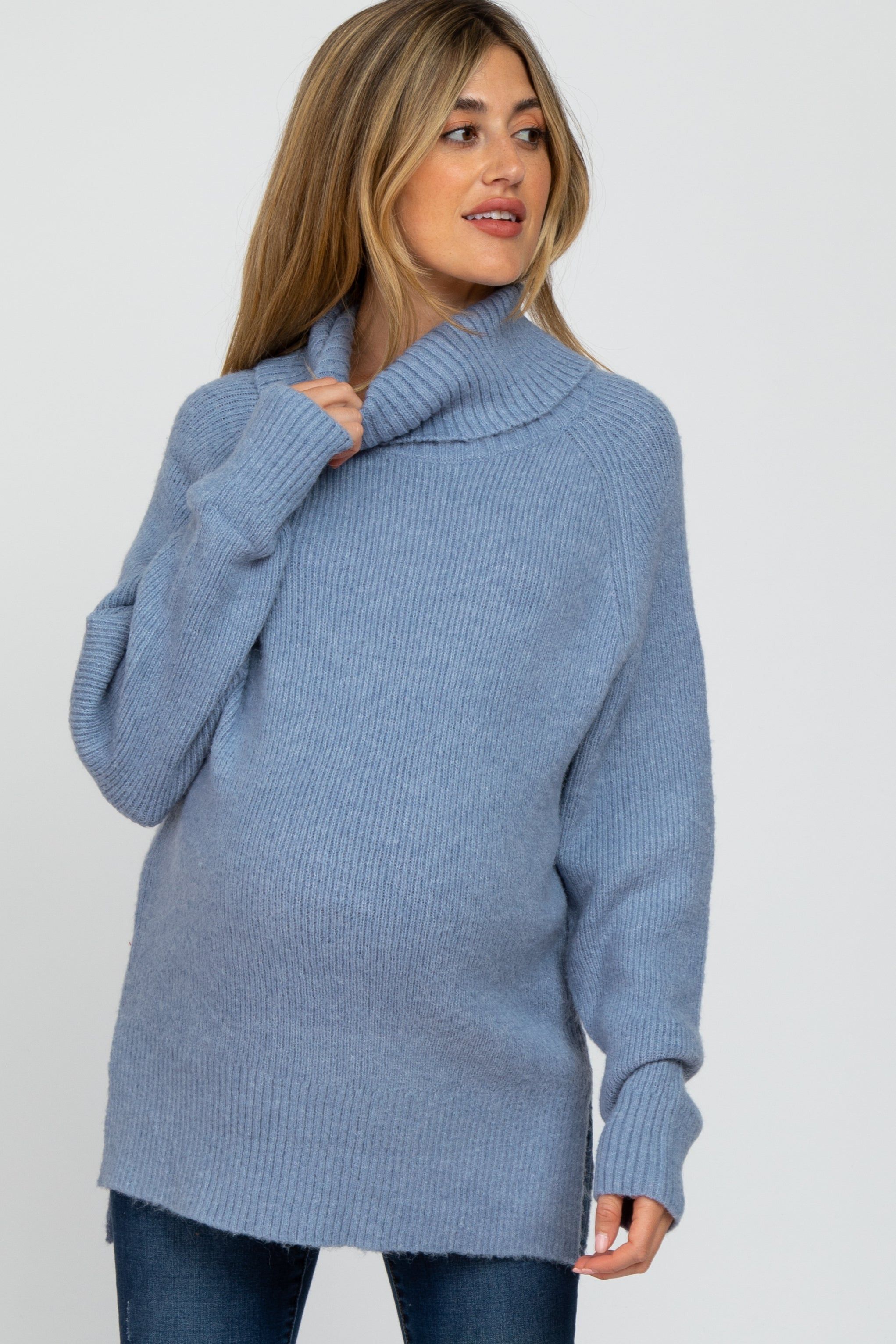 Blue Knit Turtleneck Maternity Sweater sold by Pinkblush