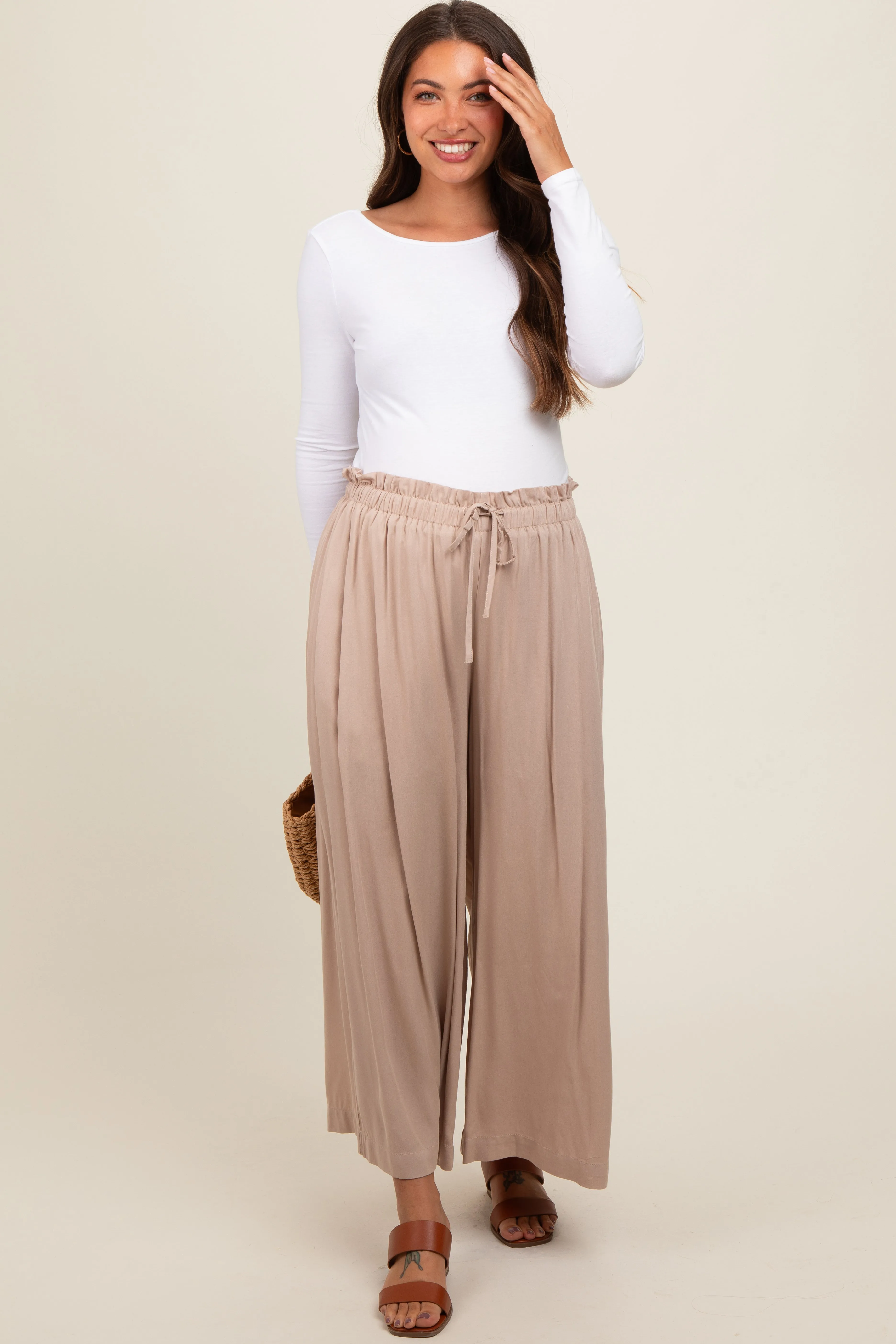 Beige Pleated Elastic Waist Wide Leg Crop Maternity Pants sold by Pinkblush
