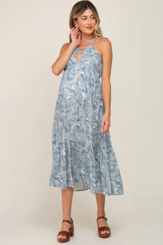 Blue Palm Print Front Cutout Maternity Midi Dress sold by Pinkblush