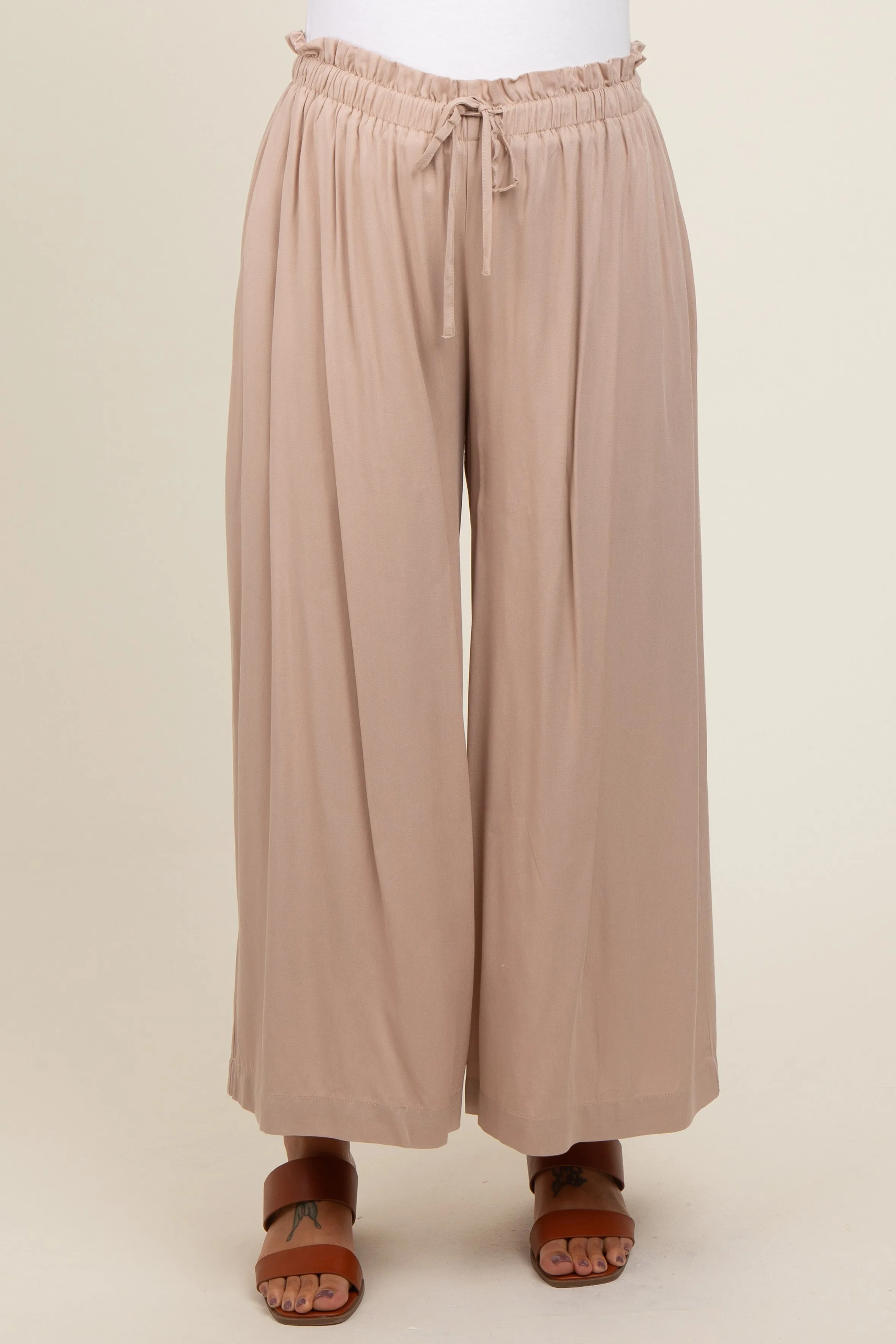 Beige Pleated Elastic Waist Wide Leg Crop Maternity Pants sold by Pinkblush product image thumbnail 2