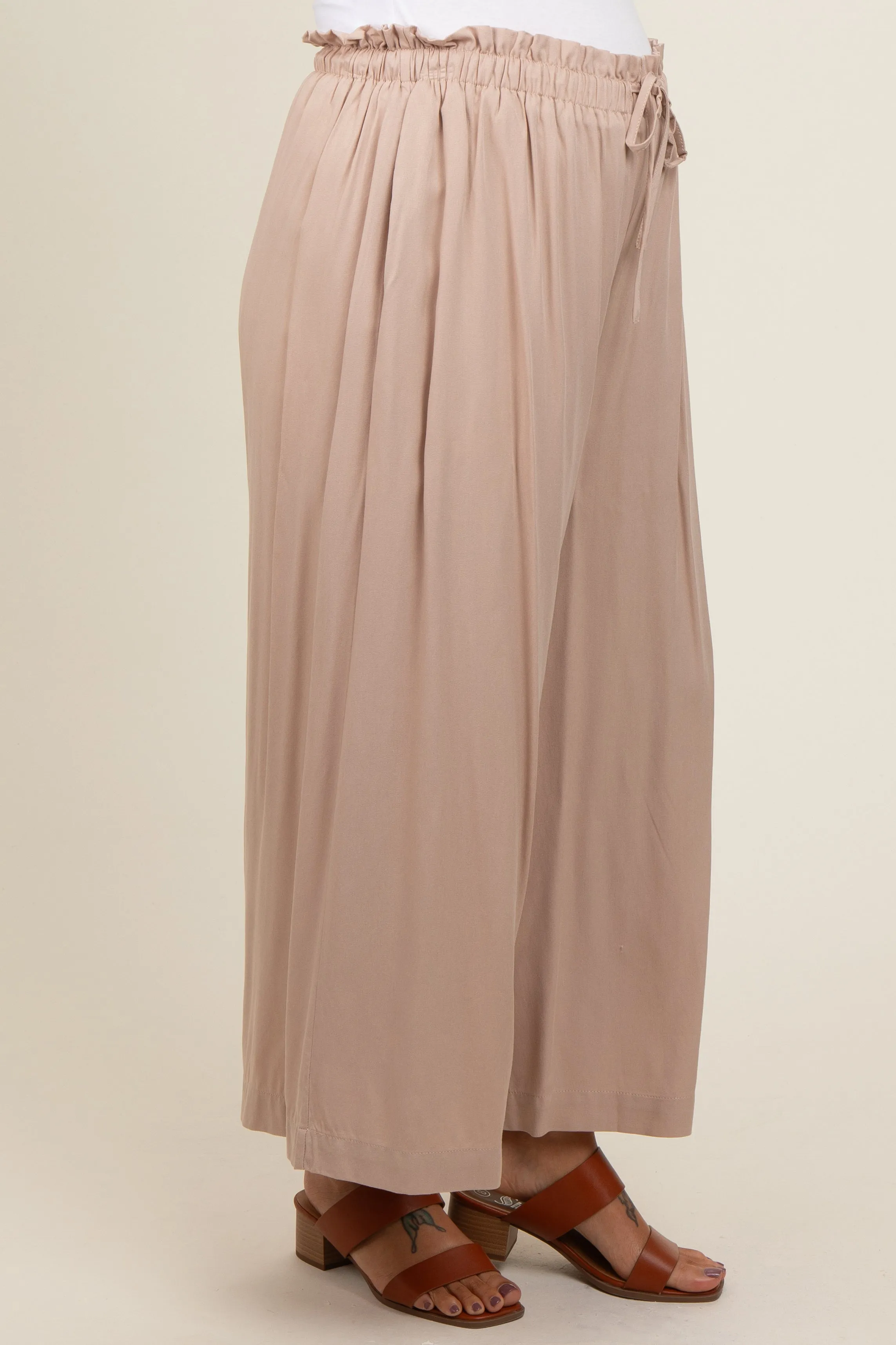 Beige Pleated Elastic Waist Wide Leg Crop Maternity Pants sold by Pinkblush product image thumbnail 3