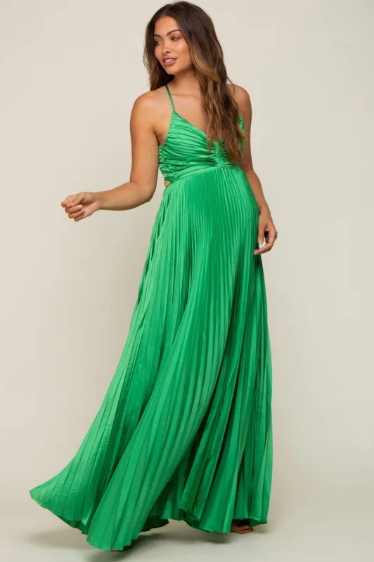 Green Satin Pleated Cutout Maternity Gown sold by Pinkblush